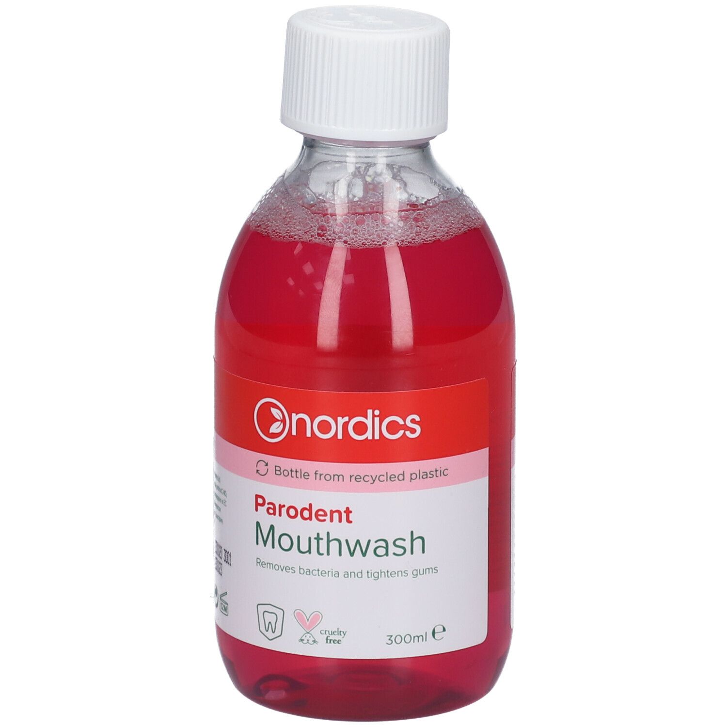 Bain de bouche Nordics Parodent, bouteille avec liquide rouge et bouchon blanc. Étiquette avec nom du produit.