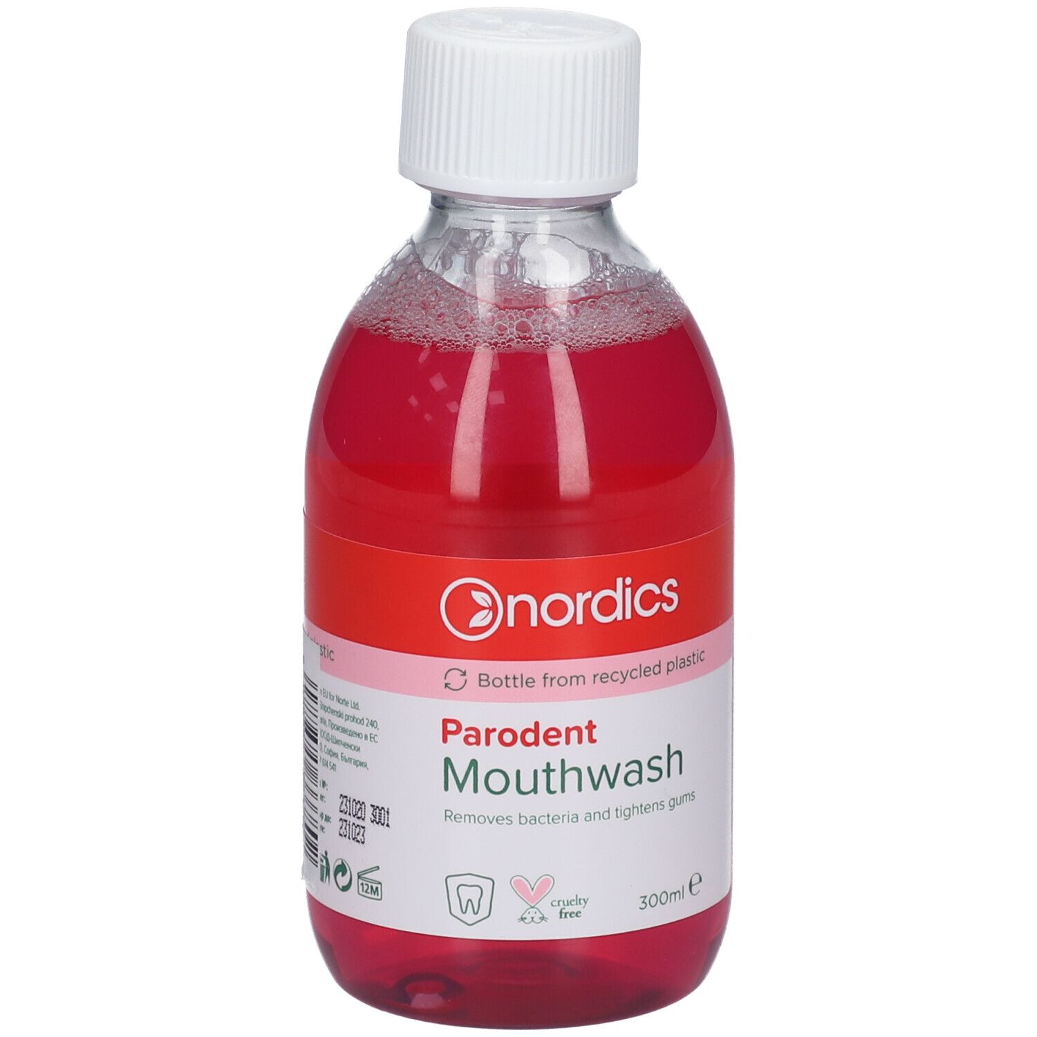 Bain de bouche Nordics Parodent dans une bouteille transparente avec bouchon blanc. L'étiquette indique 'Parodent Mouthwash'.