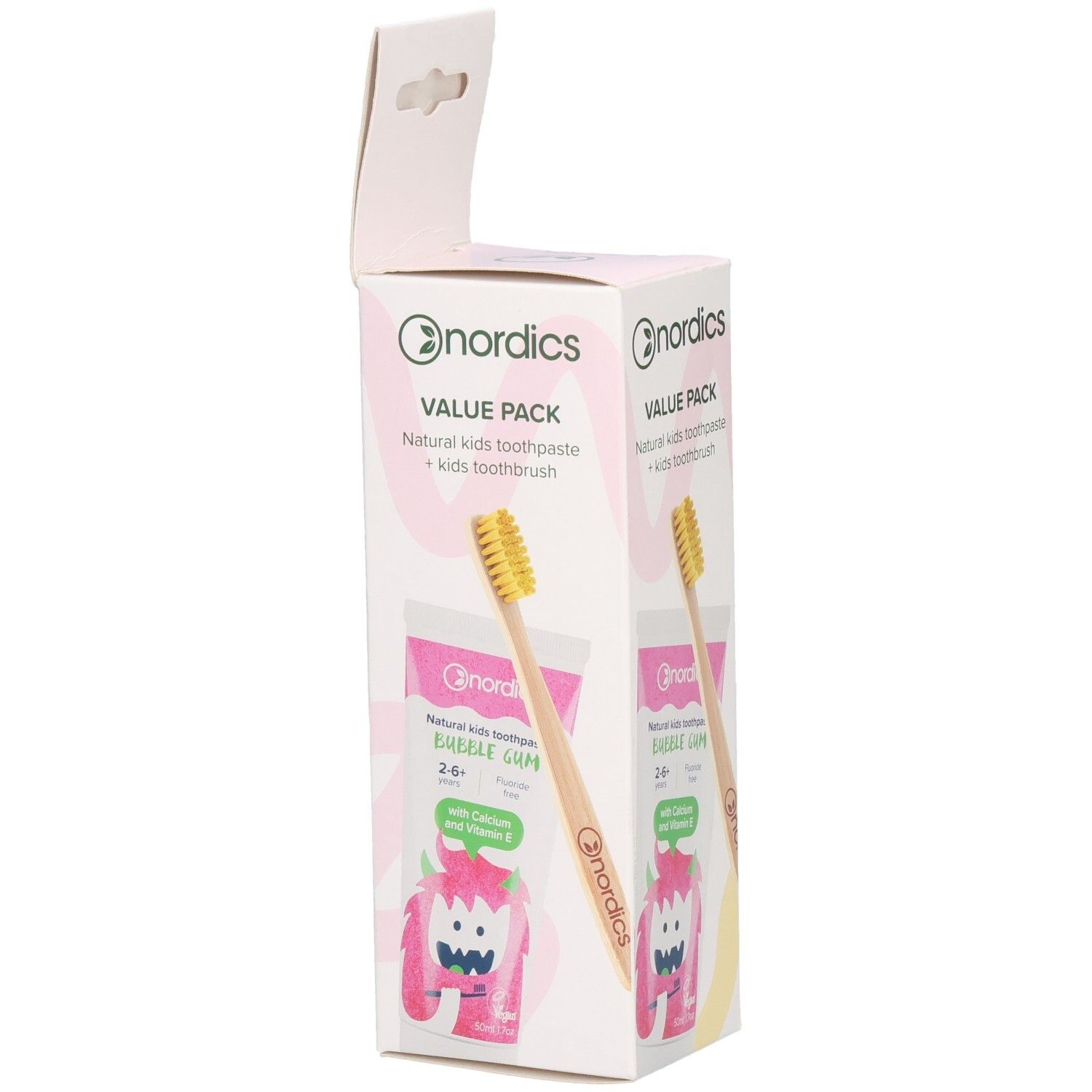 Pack économique de dentifrice pour enfants. Contient dentifrice et brosse à dents. Emballage avec nom et logo du produit.