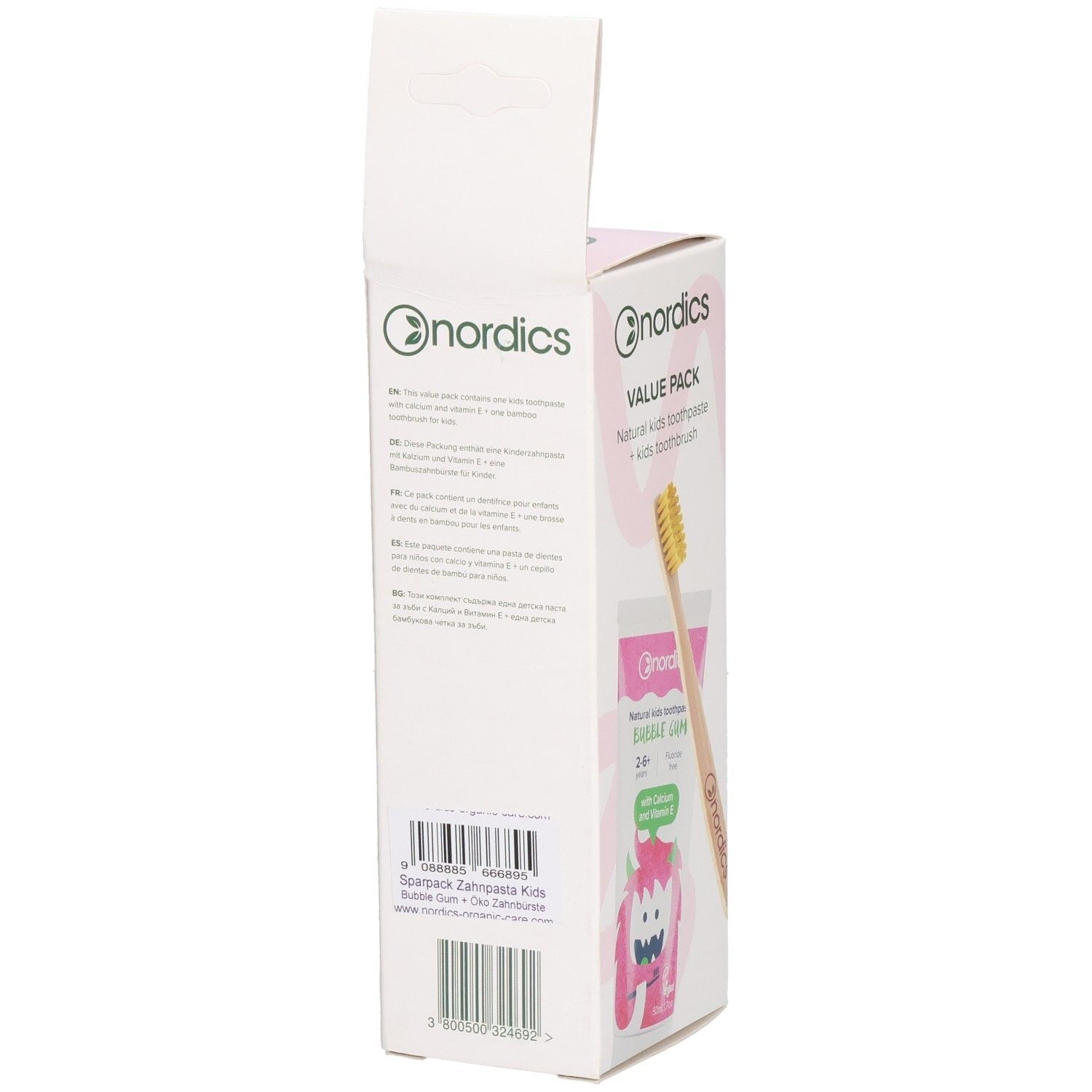 Dos du pack économique de dentifrice pour enfants. Contient des informations et un code-barres. Logo et nom du produit.