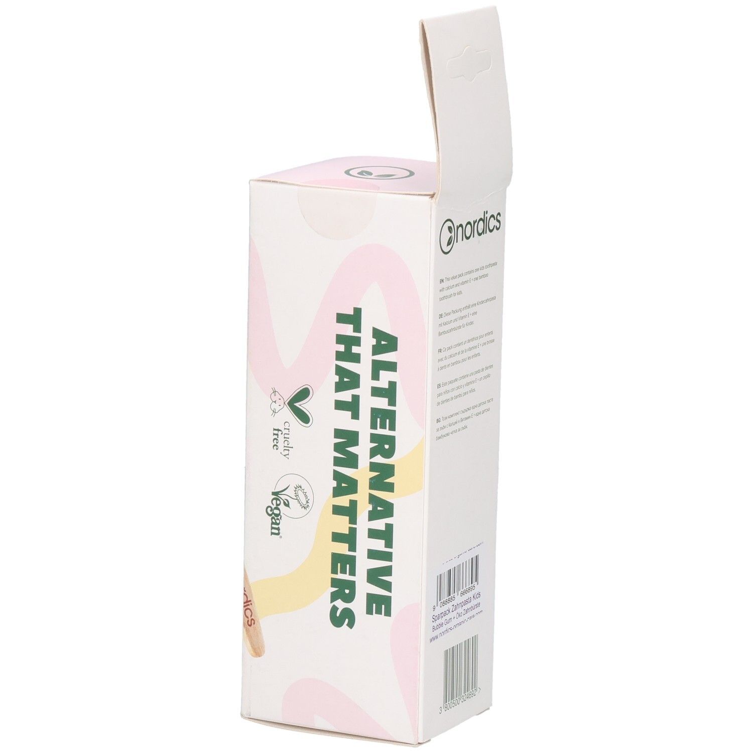 Côté du pack économique de dentifrice pour enfants. Contient le texte : Alternative qui compte. Labels vegan et sans cruauté.