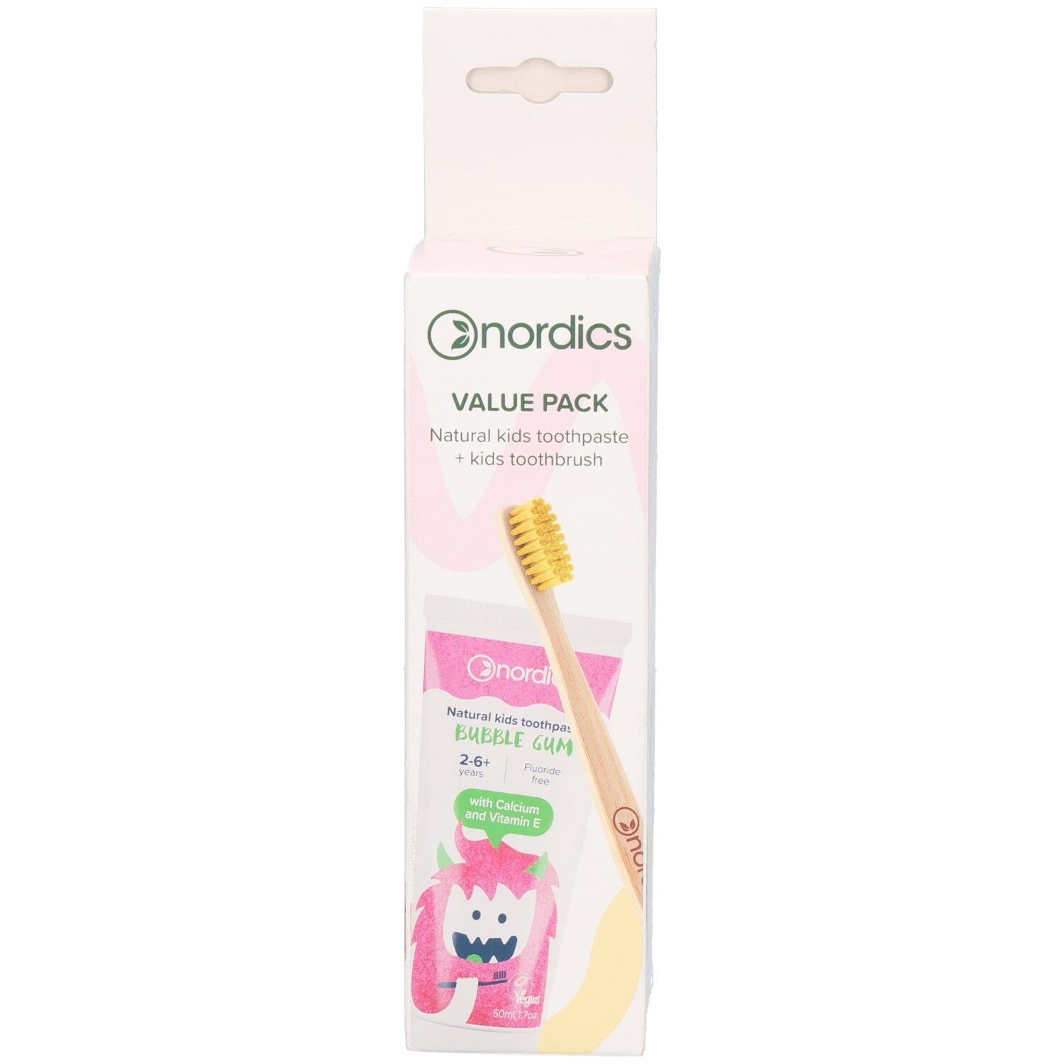 Pack économique de dentifrice pour enfants. Contient dentifrice et brosse à dents. Emballage avec nom et logo du produit.