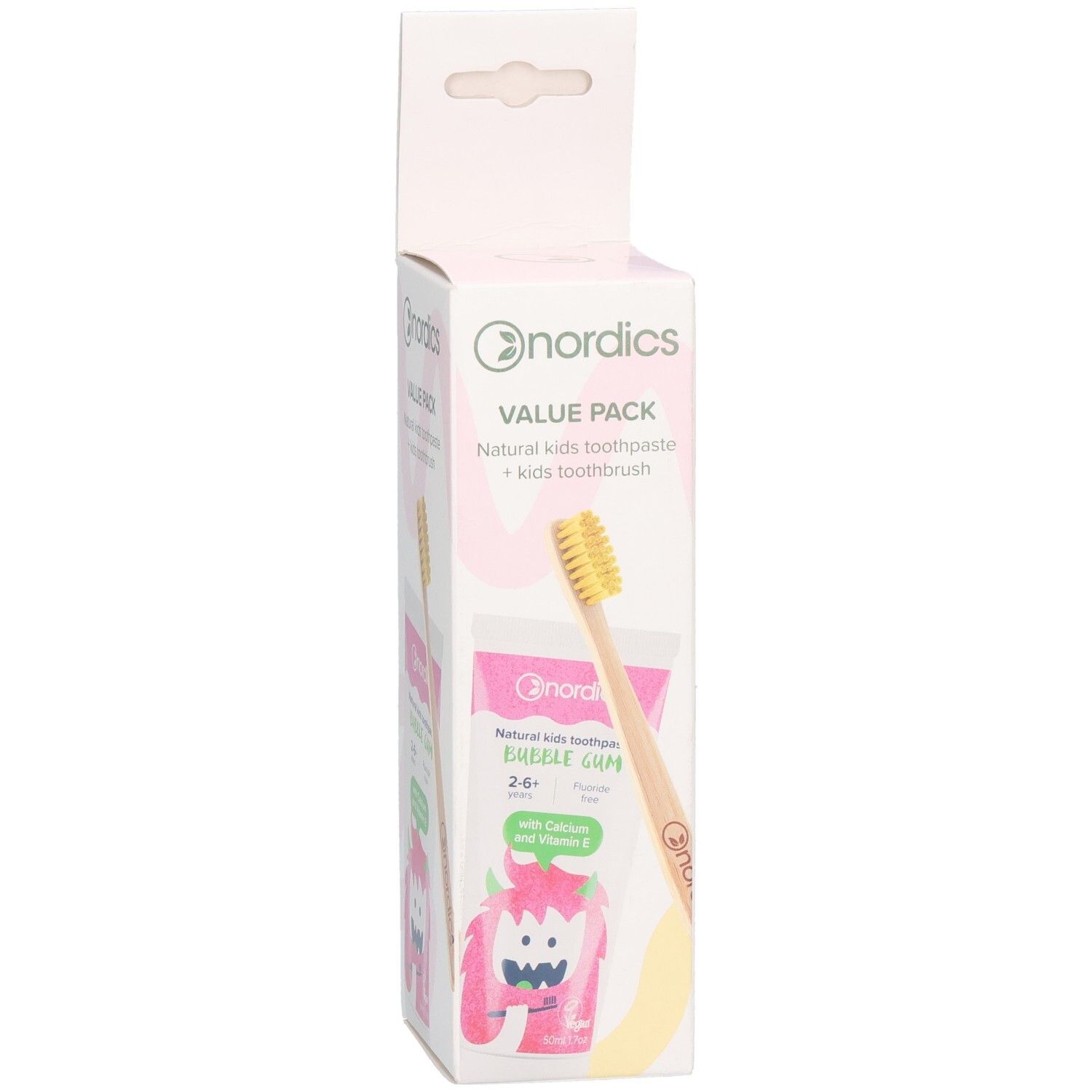 Pack économique de dentifrice pour enfants. Contient dentifrice et brosse à dents. Emballage avec nom et logo du produit.