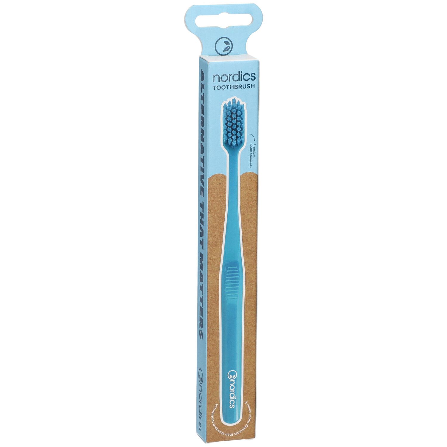 Brosse à dents dans son emballage. Inscription : ALTERNATIVE THAT MATTERS. Marque : nordics TOOTHBRUSH.