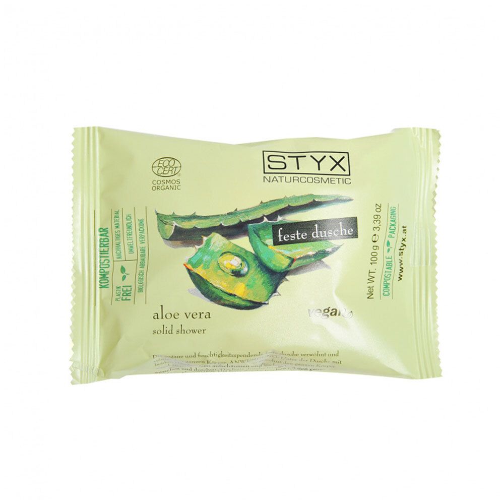 Emballage vert avec logo STYX Naturcosmetic et illustration d'Aloe Vera. Texte : Feste Dusche, Aloe Vera, Vegan, Cosmos Organic.