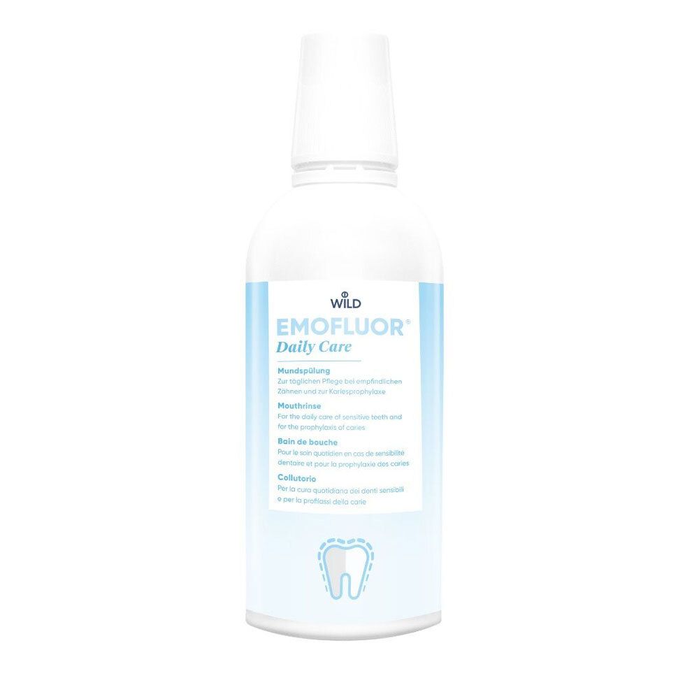 Flacon blanc avec étiquette bleue. EMOFLUOR Daily Care Bain de bouche. Symbole dentaire.