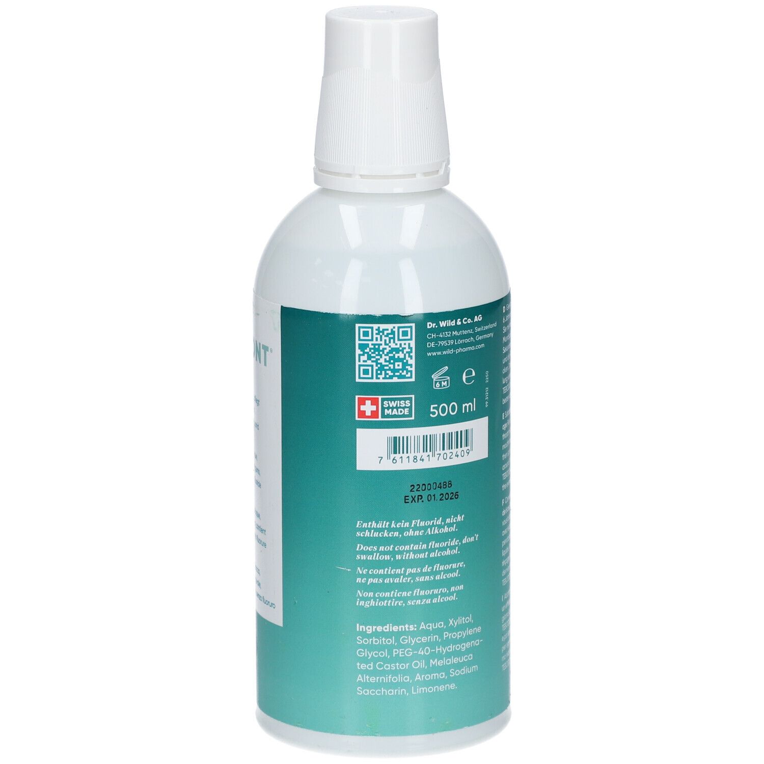 Dos de la bouteille. Croix suisse, QR code, ingrédients, volume: 500 ml.