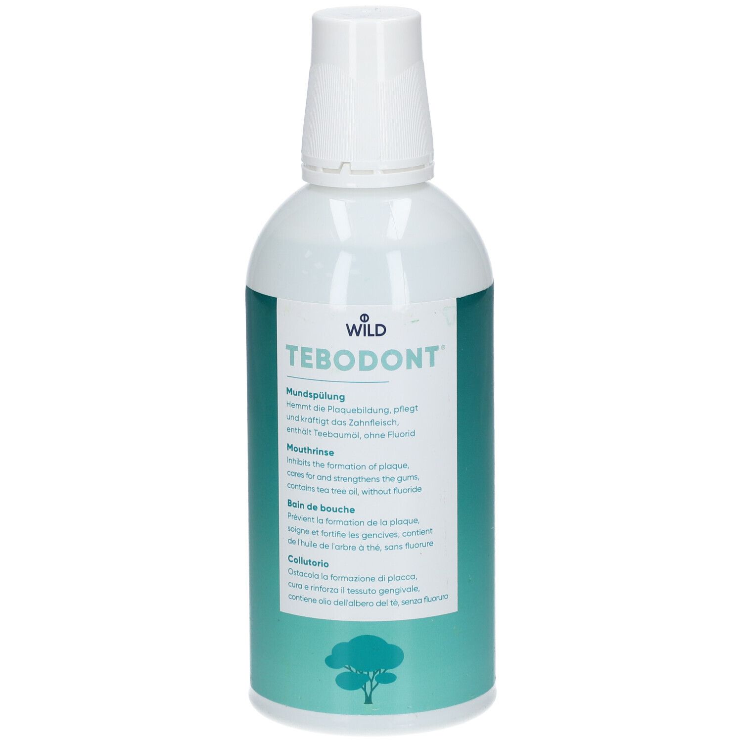 Bouteille blanche avec étiquette verte. Inscription: TEBODONT Bain de bouche. Logo d'arbre.