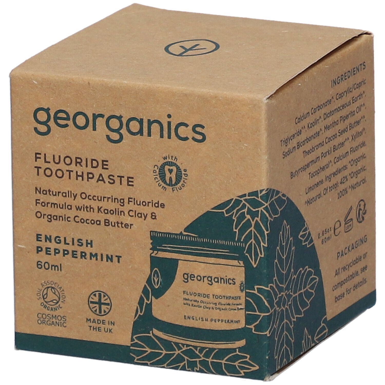 GEORGANICS Dentifrice Fluoré, English Peppermint, 60ml, sur emballage carton.
