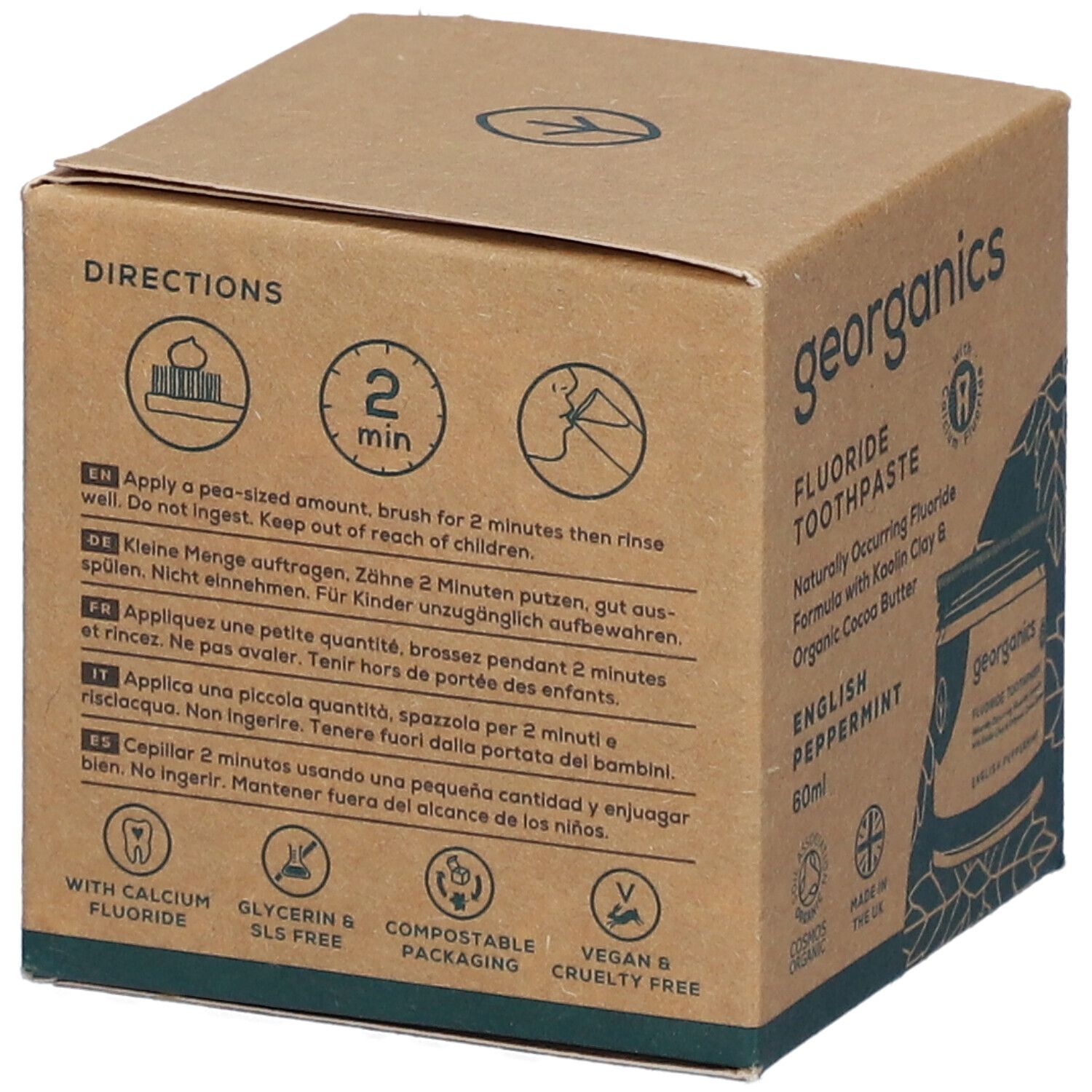 Emballage GEORGANICS dentifrice avec instructions et icônes d'utilisation.