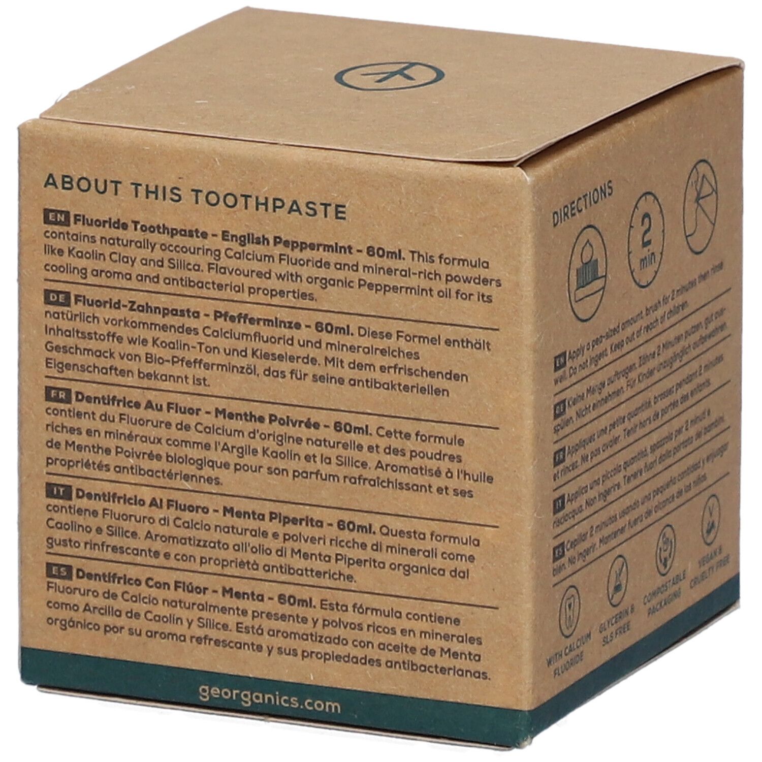 Emballage GEORGANICS dentifrice avec description du produit en plusieurs langues.