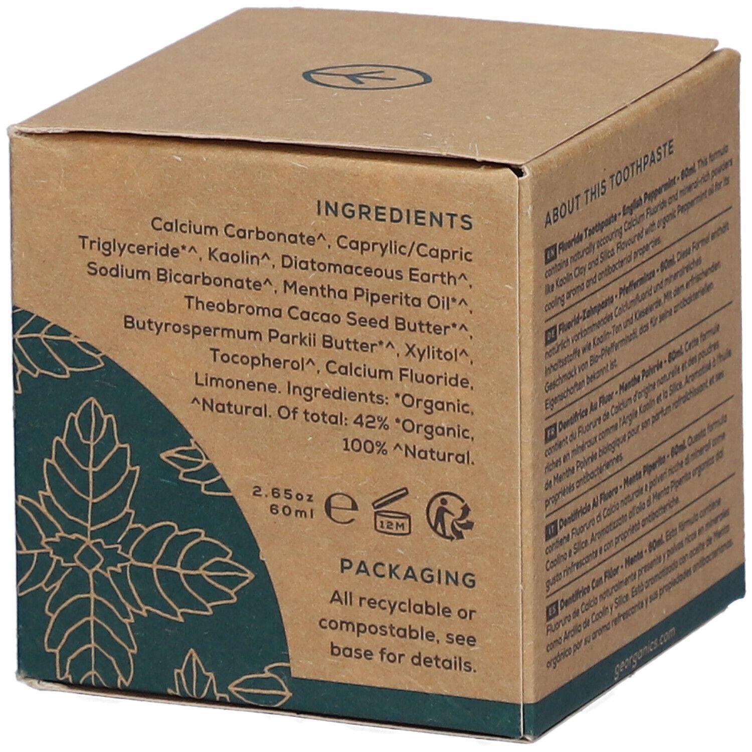 Emballage GEORGANICS dentifrice avec liste des ingrédients et informations sur l'emballage.