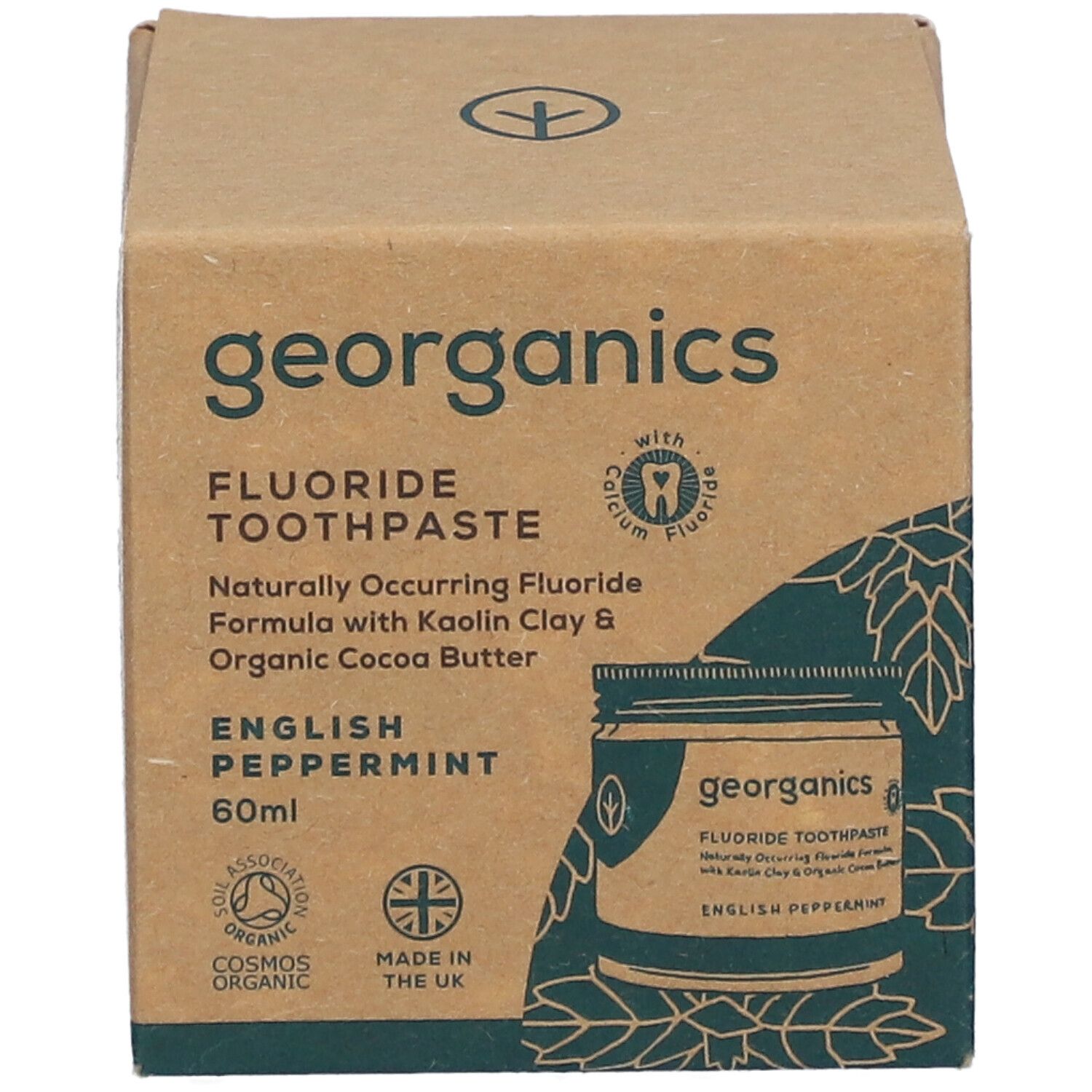Emballage GEORGANICS dentifrice avec sceaux et informations produit.