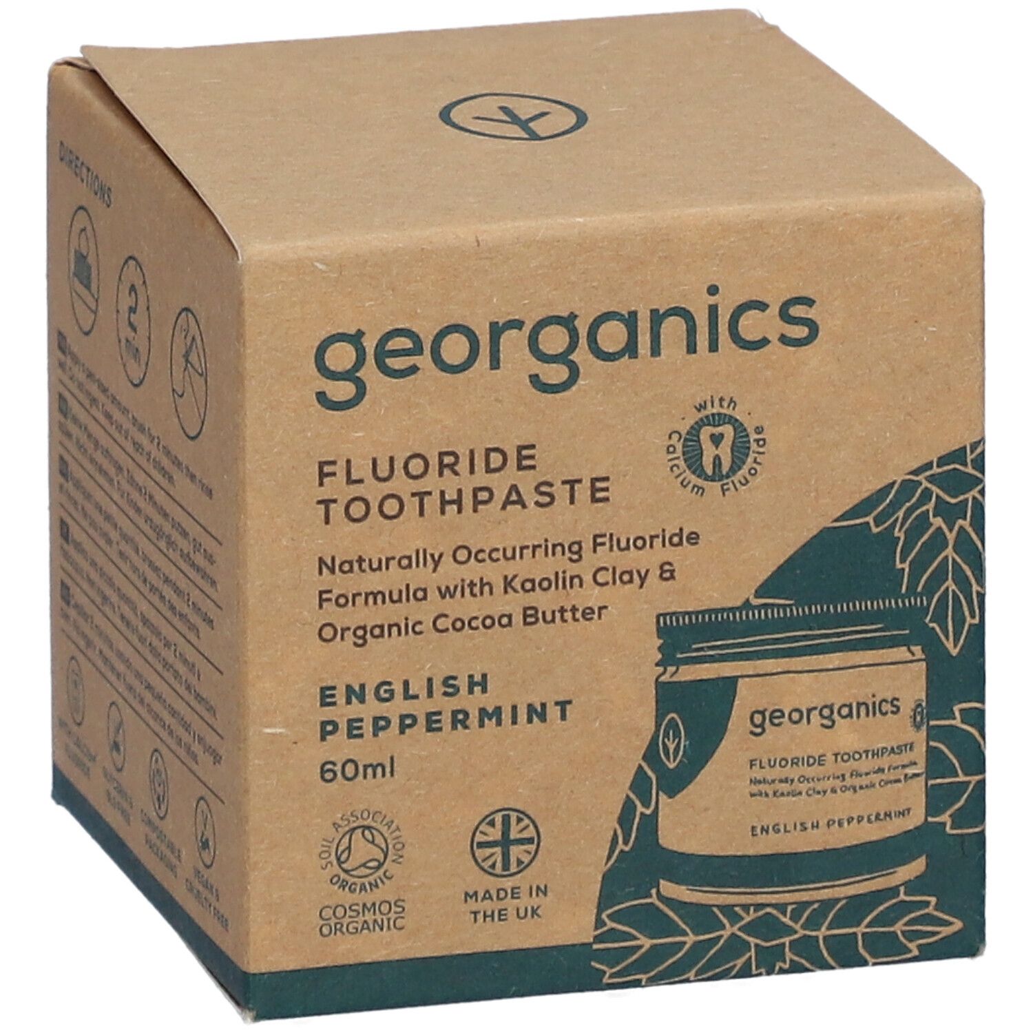 Emballage GEORGANICS dentifrice avec sceaux et image produit.