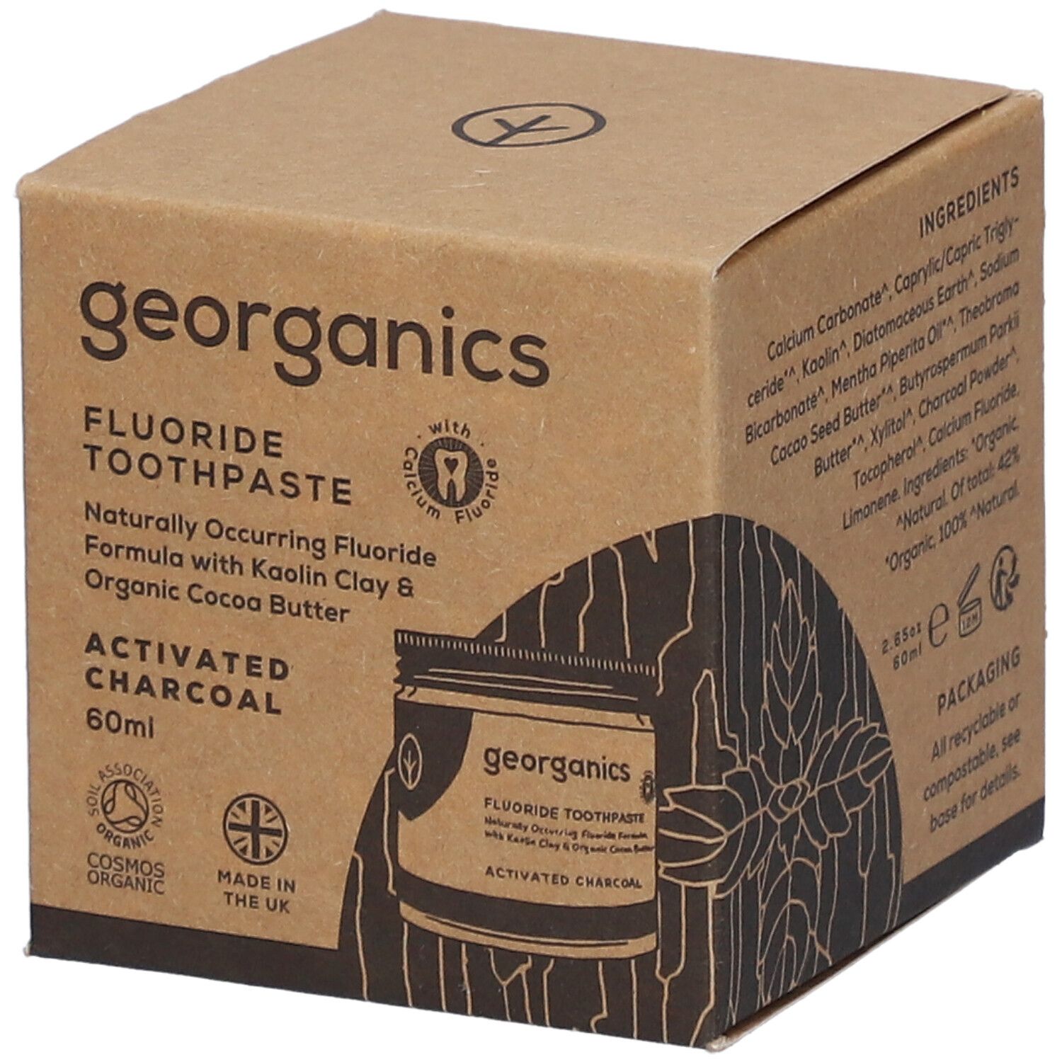 GEORGANICS Dentifrice au fluorure et charbon actif, 60ml. Boîte en carton avec illustration du produit et sceaux.