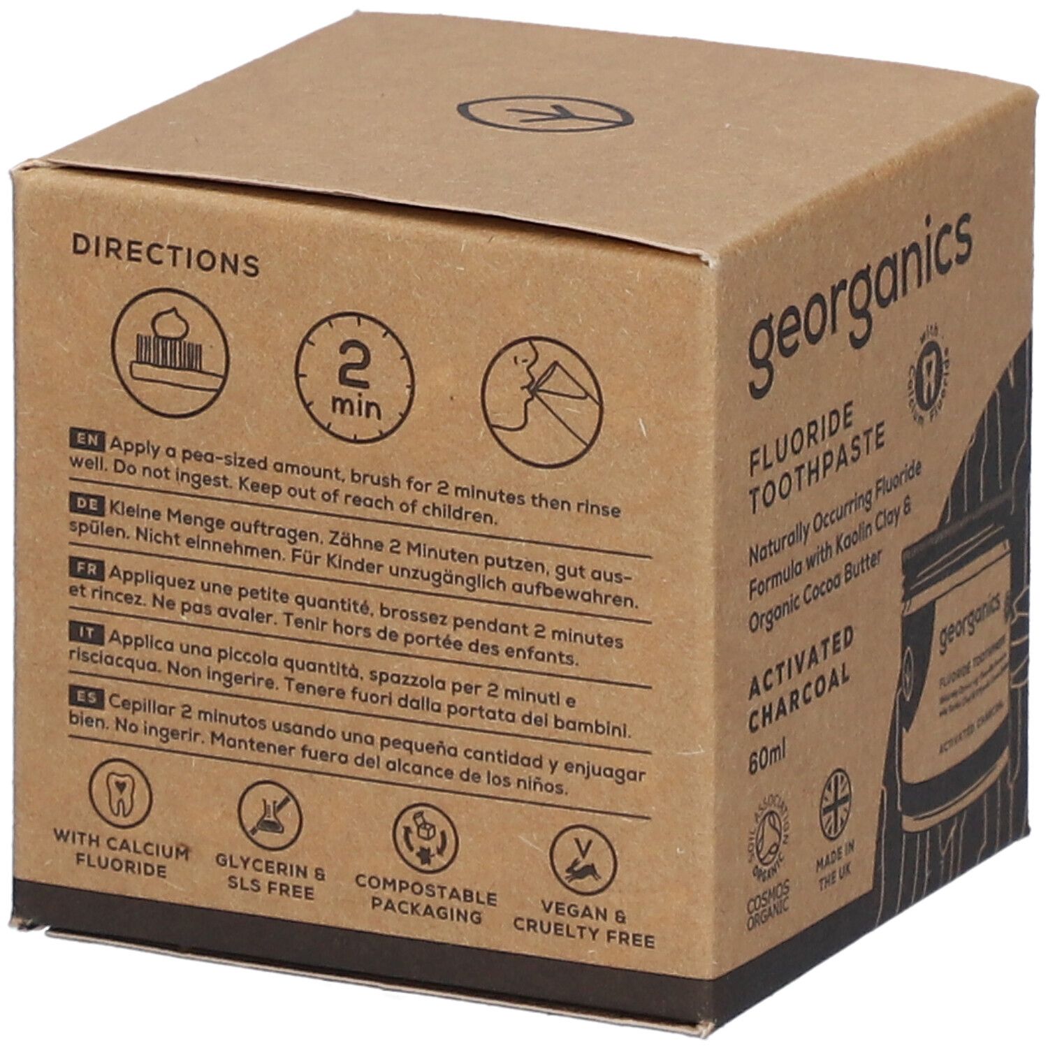 GEORGANICS Dentifrice: Instructions d'utilisation avec pictogrammes, durée de brossage 2 minutes, 60ml.