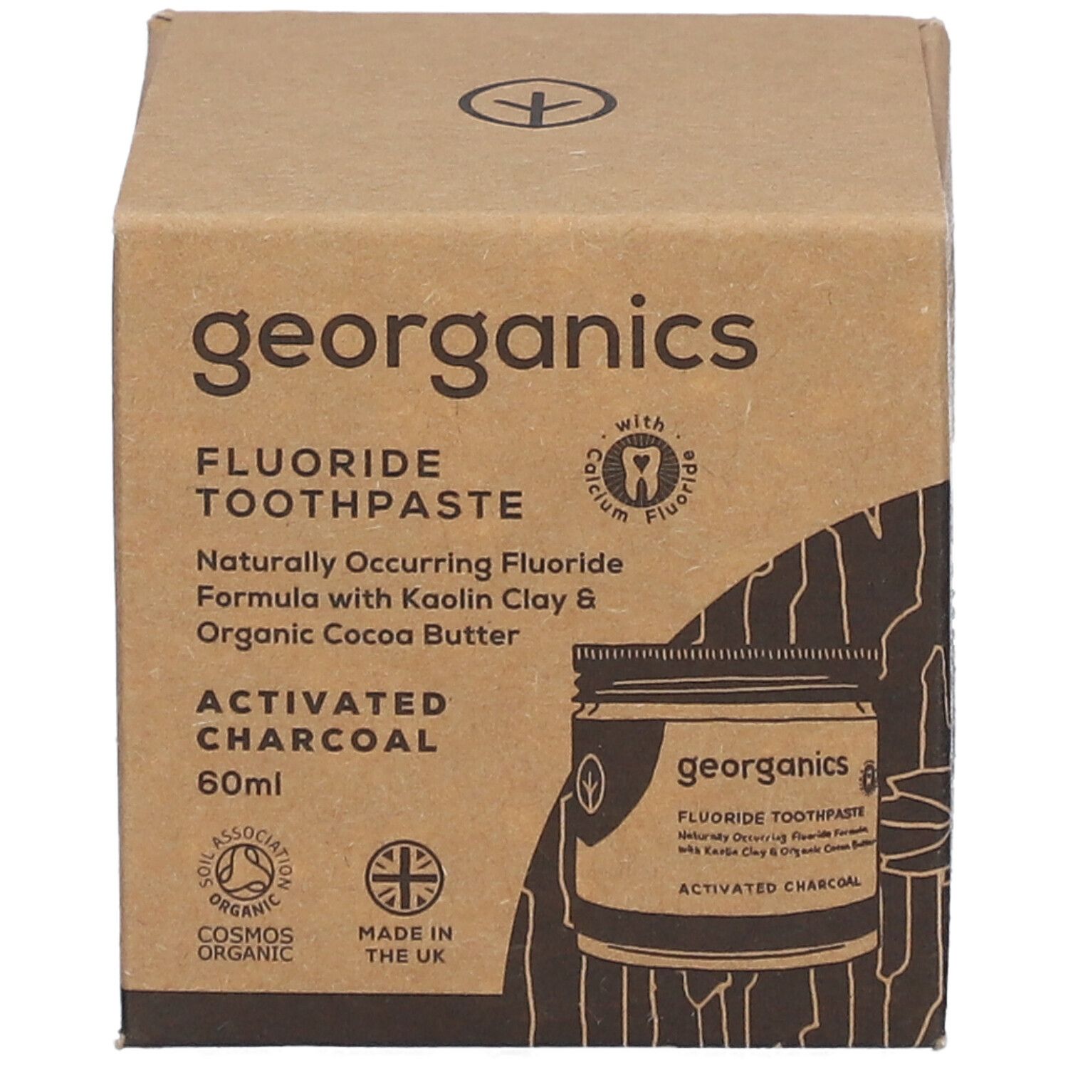 GEORGANICS Dentifrice au fluorure et charbon actif, 60ml. Face avant de la boîte en carton.