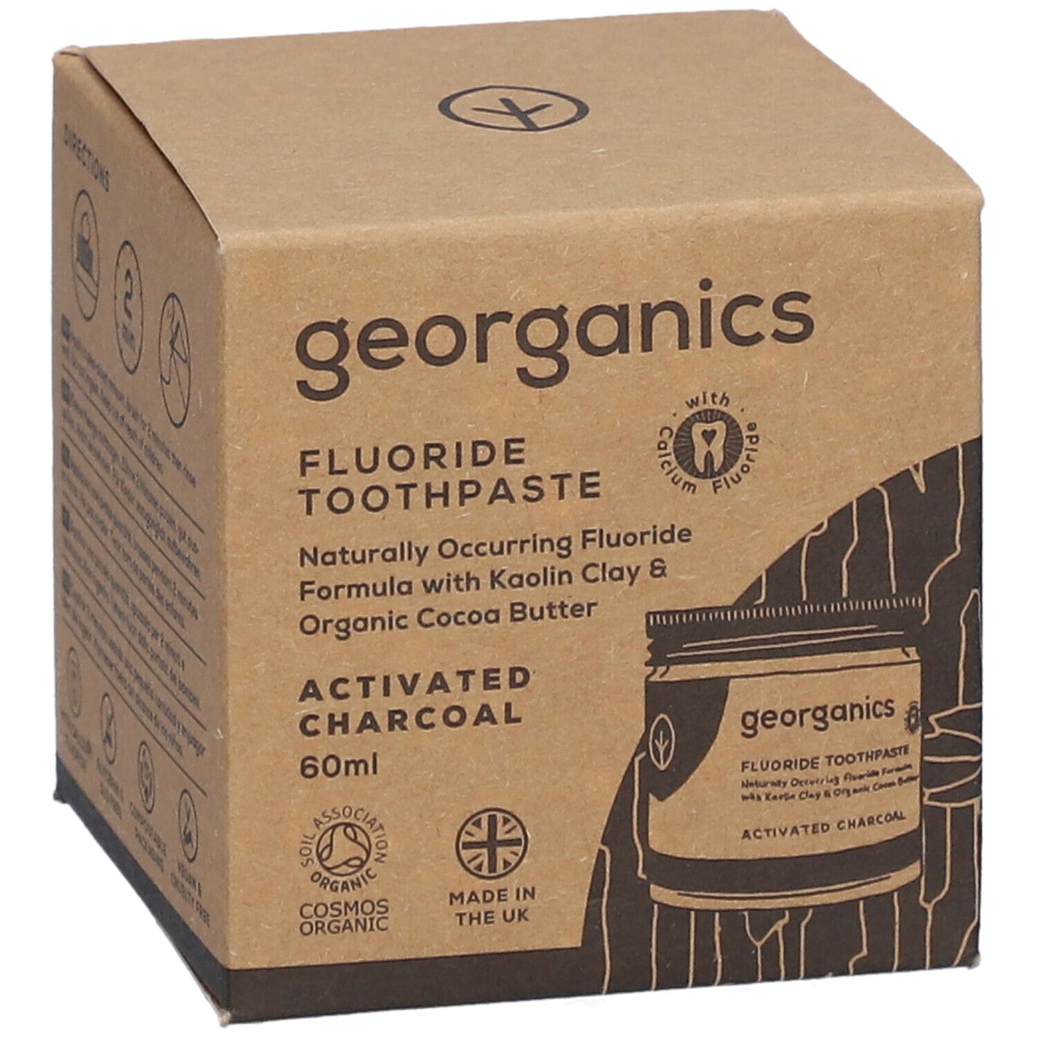 GEORGANICS Dentifrice au fluorure et charbon actif, 60ml. Boîte en carton avec sceaux et illustration du produit.