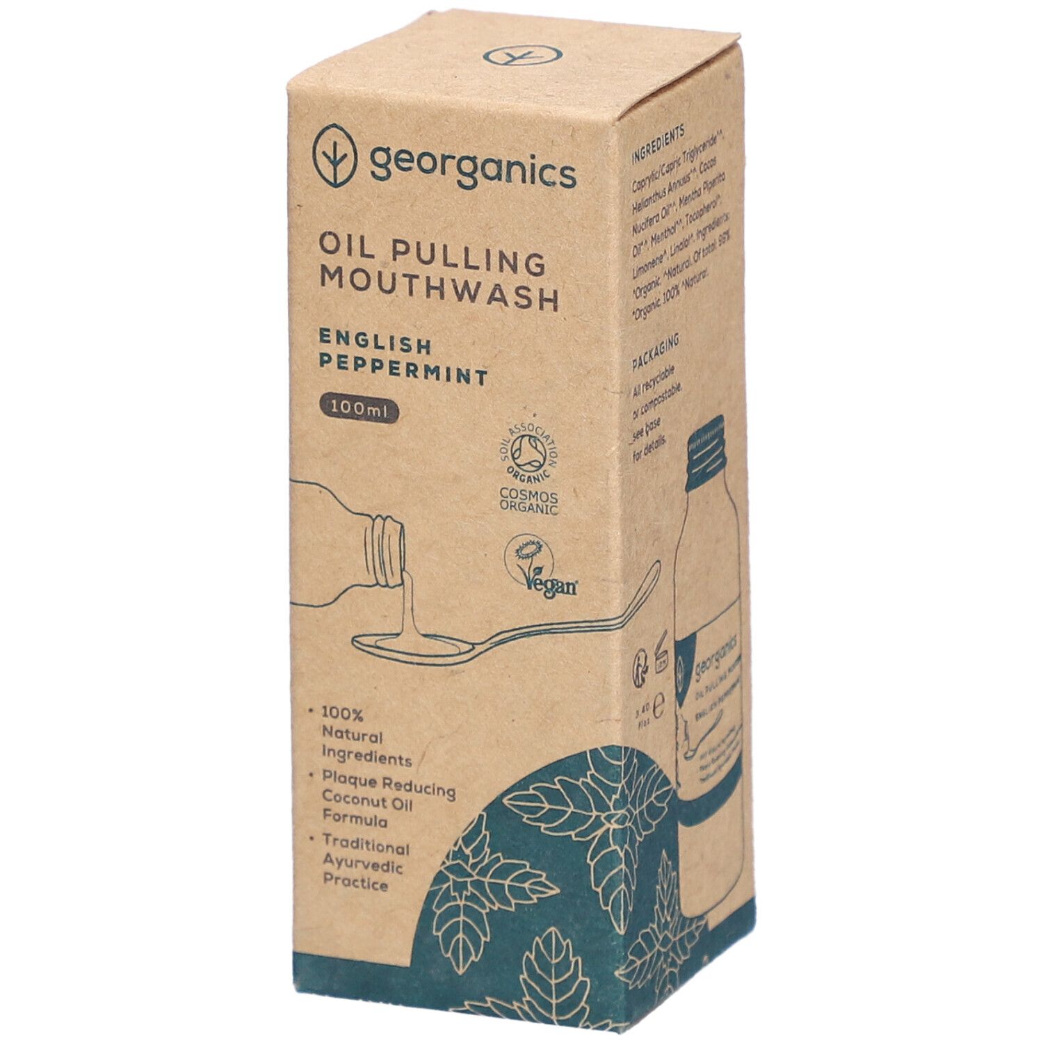 Georganics Oil Pulling Bain de Bouche, English Peppermint, boîte de 100ml avec sceaux.