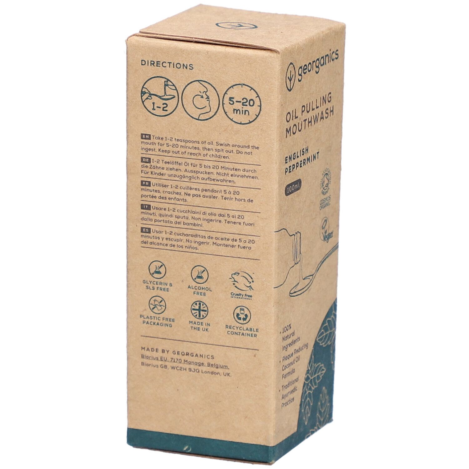 Bain de bouche Oil Pulling Georganics, Menthe Anglaise, 100ml. Boîte en carton avec instructions et sceaux.