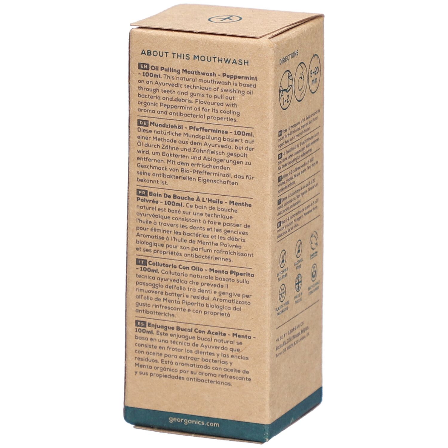 Boîte en carton pour bain de bouche, 100ml, saveur menthe poivrée.