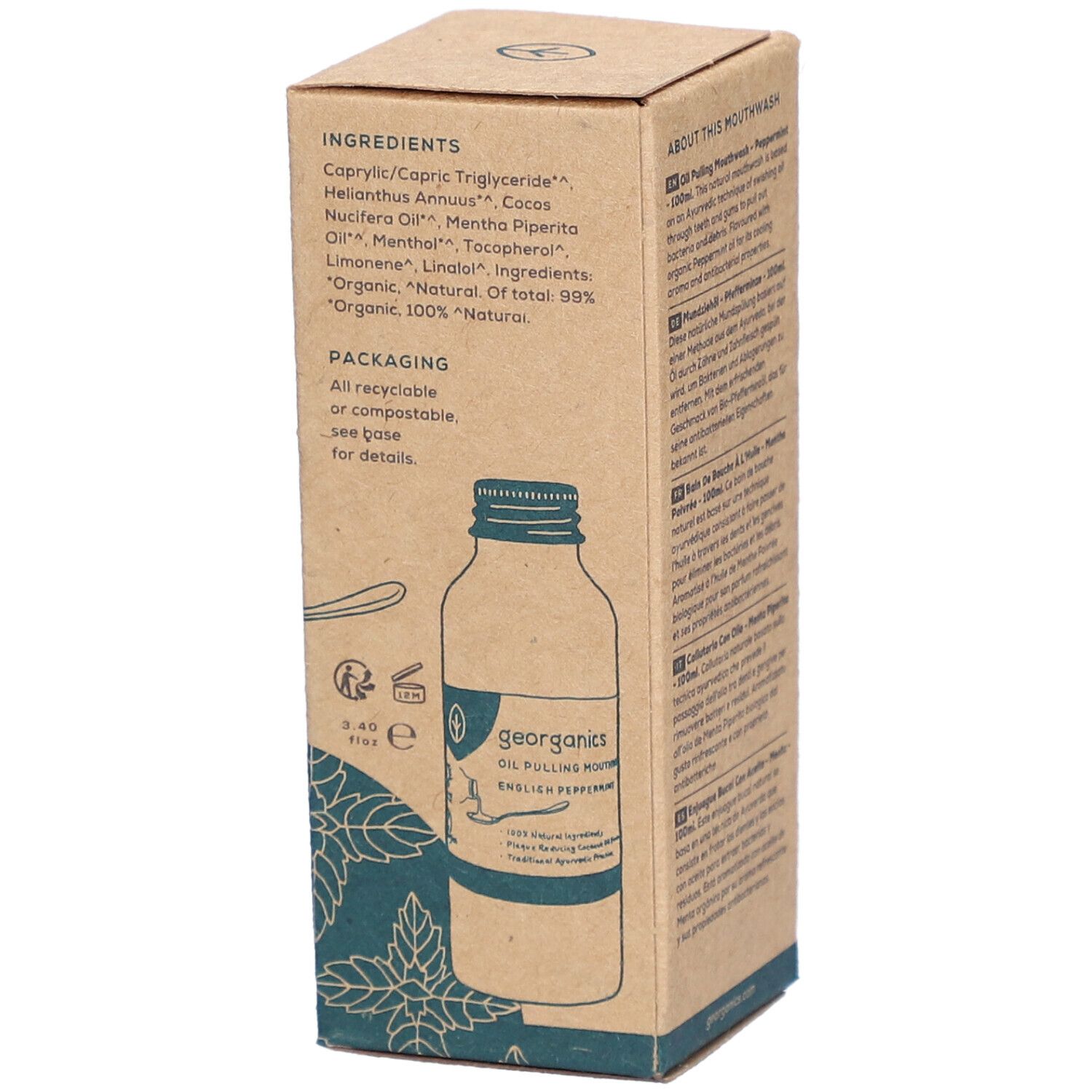 Georganics Bain de bouche à l'huile, Menthe Poivrée Anglaise. Boîte en carton avec liste des ingrédients et illustration d'une bouteille.