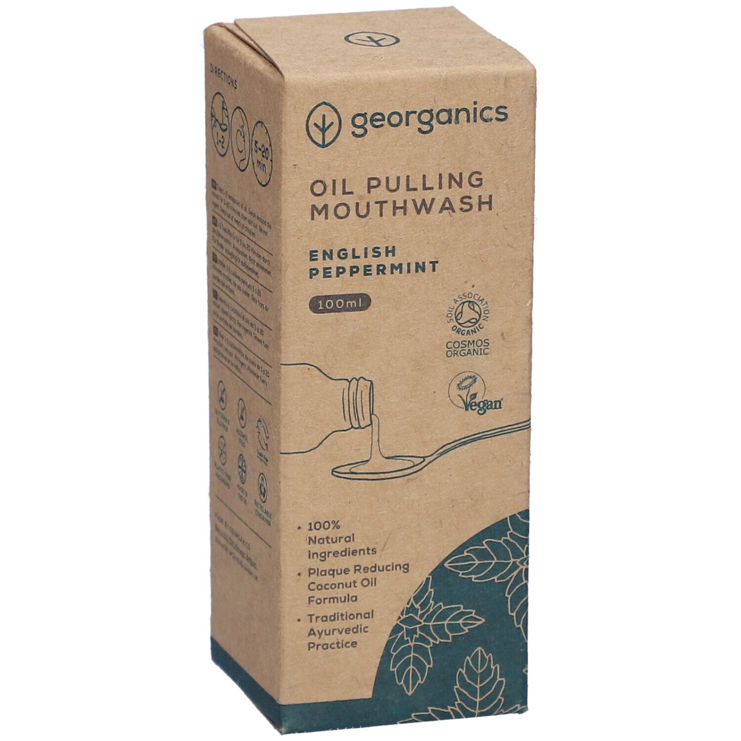 Bain de bouche Georganics Oil Pulling, English Peppermint, 100ml. Certification bio visible.