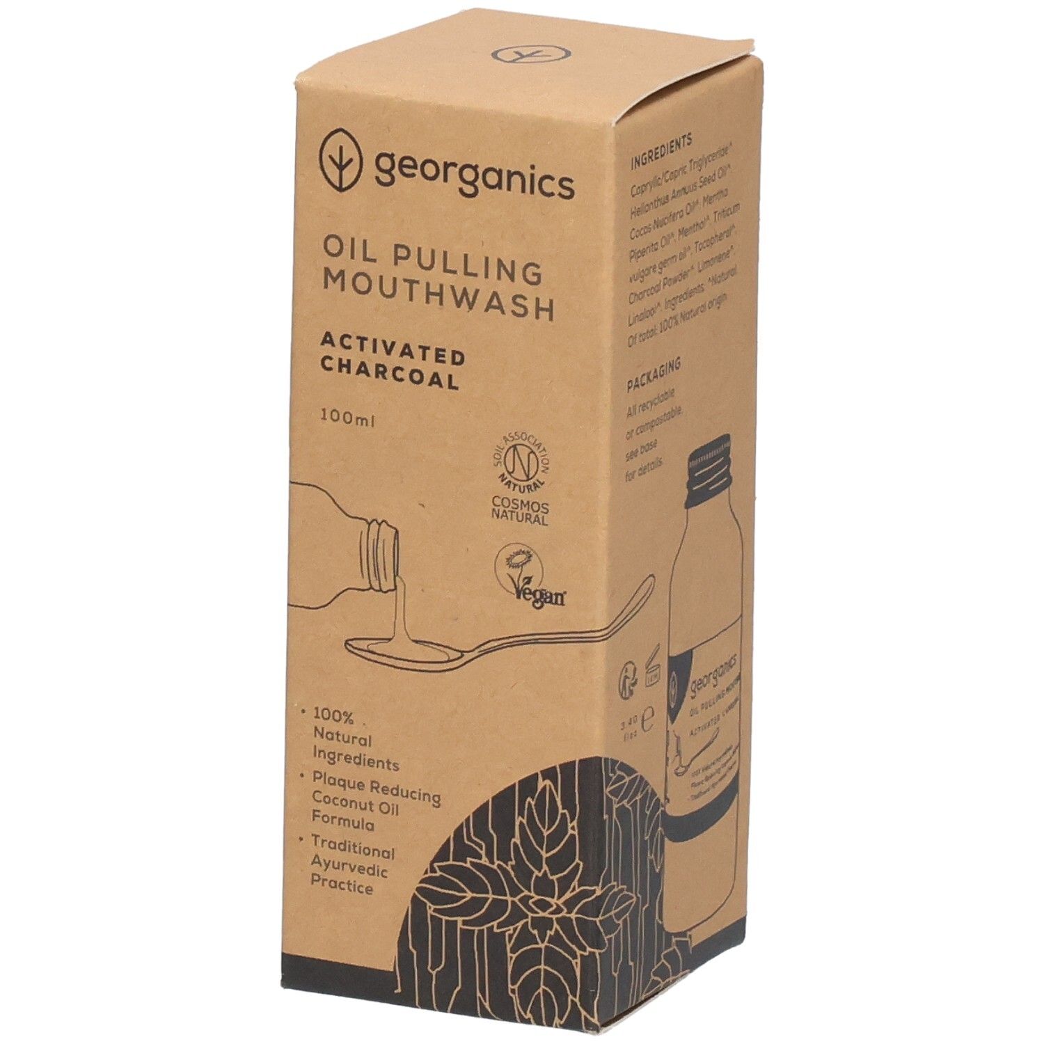 Emballage en carton avec illustration du produit et texte 'georganics'. Contient un bain de bouche à l'huile, charbon actif.