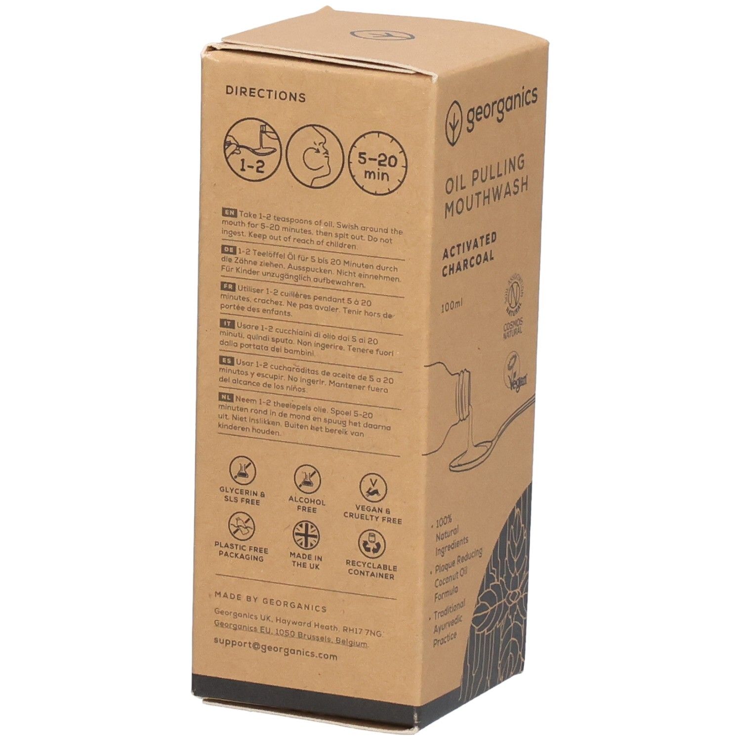Dos de l'emballage en carton avec instructions, pictogrammes et informations sur le développement durable.