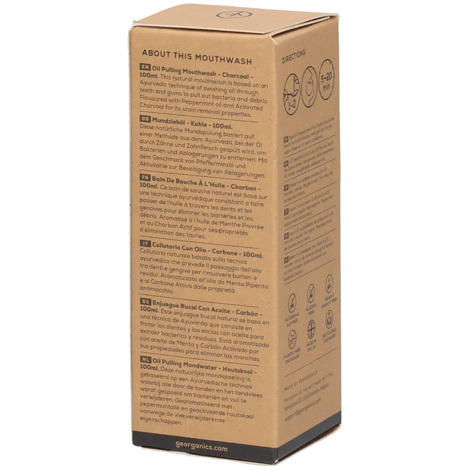 Emballage en carton avec description du produit en plusieurs langues. Contient des informations sur les ingrédients et l'utilisation.