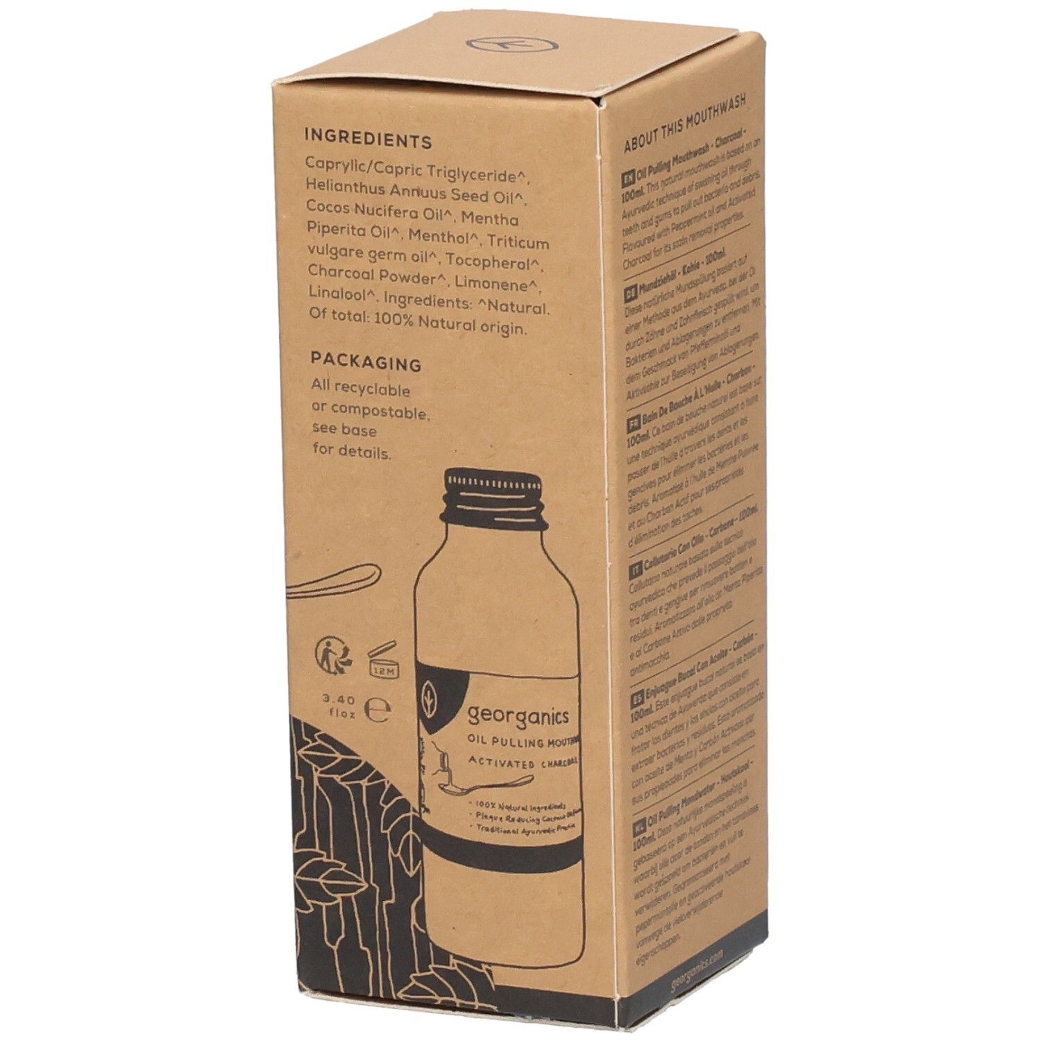 Emballage en carton avec ingrédients, informations sur l'emballage et logo. Contient des informations sur l'origine naturelle.