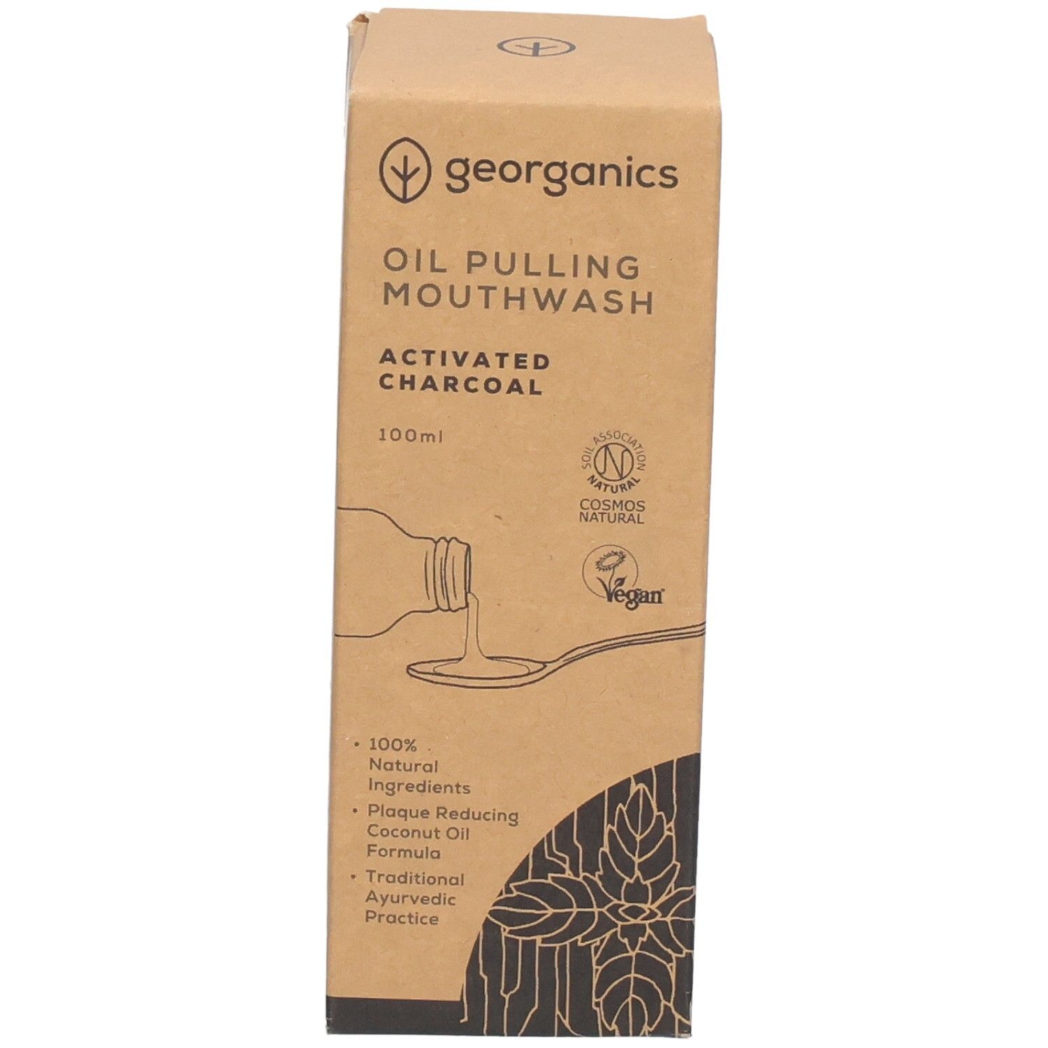 Emballage en carton avec illustration du produit et texte 'georganics'. Contient un bain de bouche à l'huile, charbon actif.