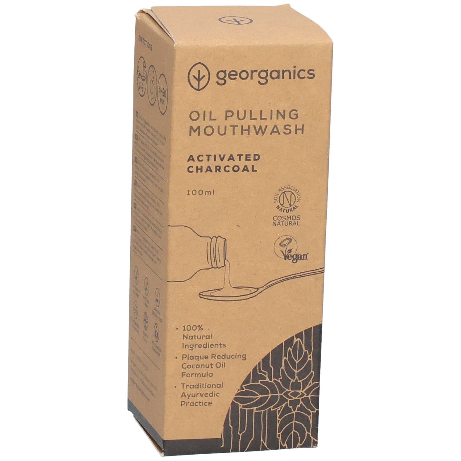 Emballage en carton avec illustration du produit et texte 'georganics'. Contient un bain de bouche à l'huile, charbon actif.