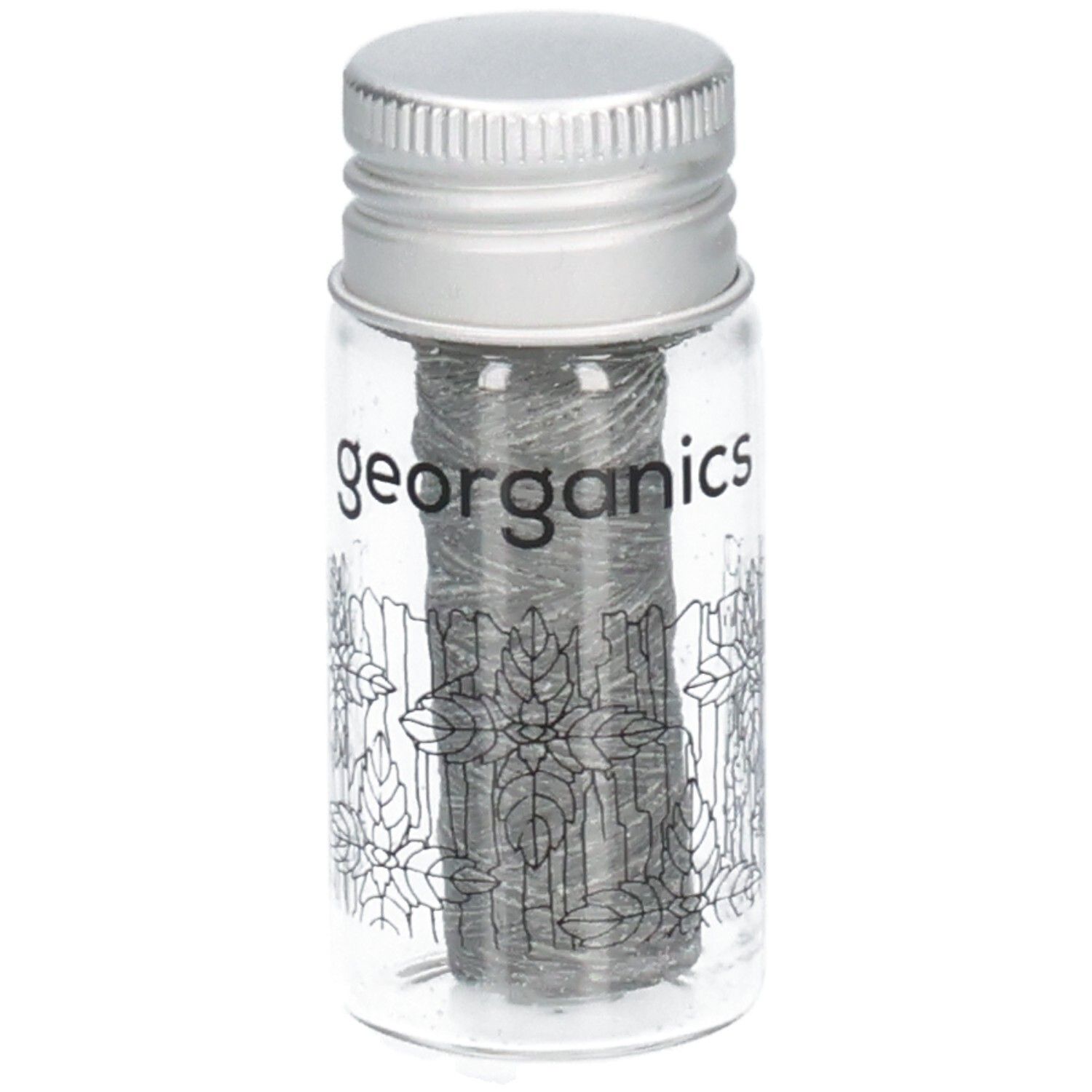 Fil dentaire noir dans un flacon en verre avec bouchon à vis. Inscription : georganics.