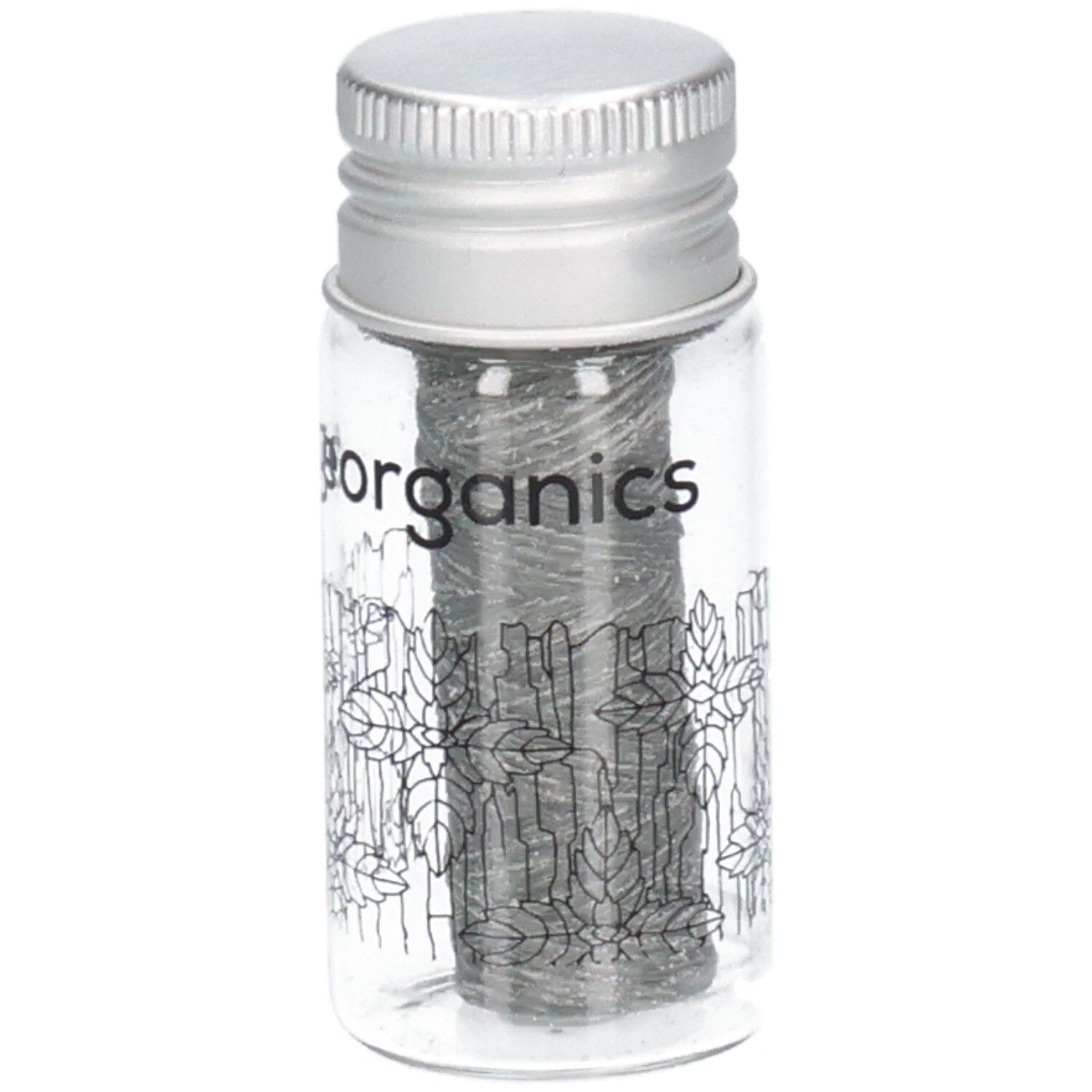 Fil dentaire noir dans un flacon en verre avec bouchon à vis. Inscription : georganics.