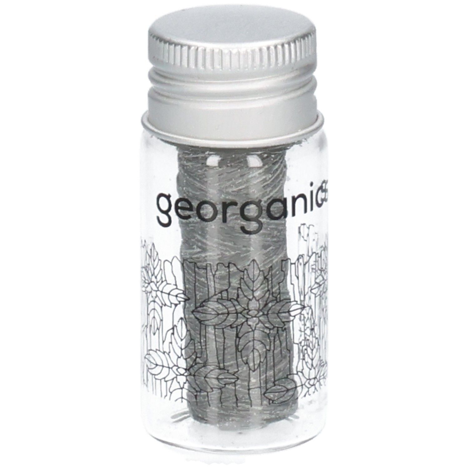 Fil dentaire noir dans un flacon en verre avec bouchon à vis. Inscription : georganics.