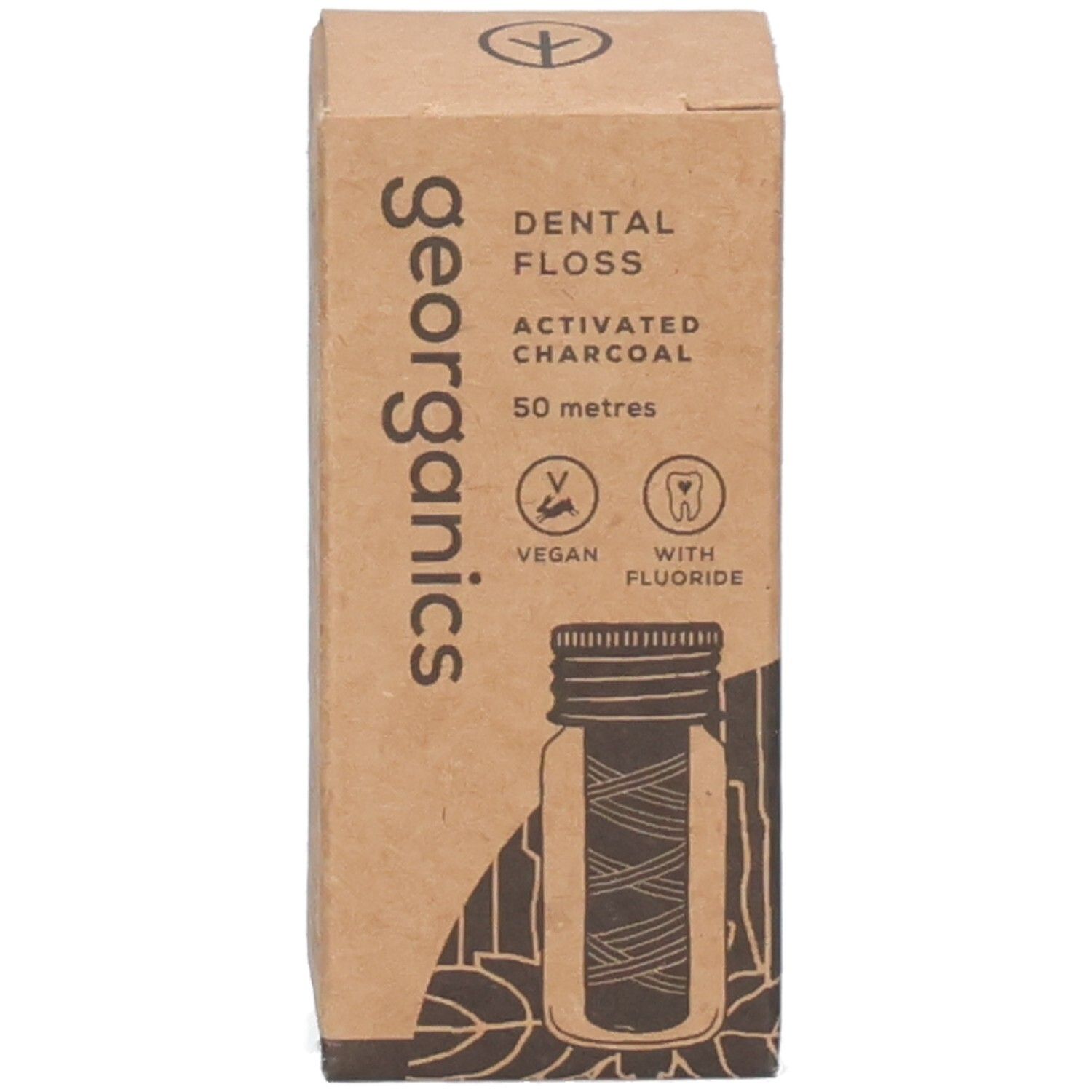 Emballage en carton pour fil dentaire. Inscription : georganics, Dental Floss, charbon actif, 50 mètres, Compostable Corn Floss.