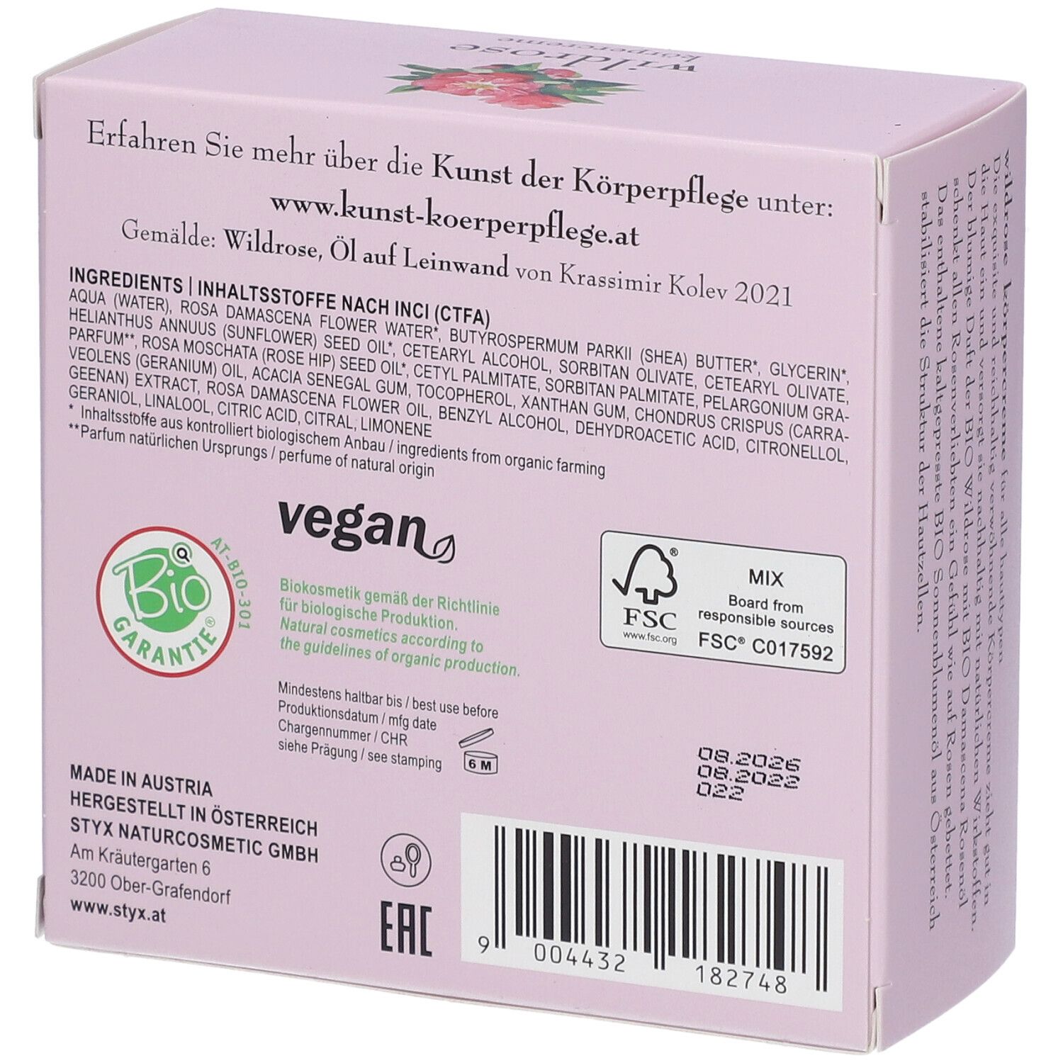 Dos de la boîte rose. Texte : ingrédients, label de garantie bio, label FSC, date de péremption.