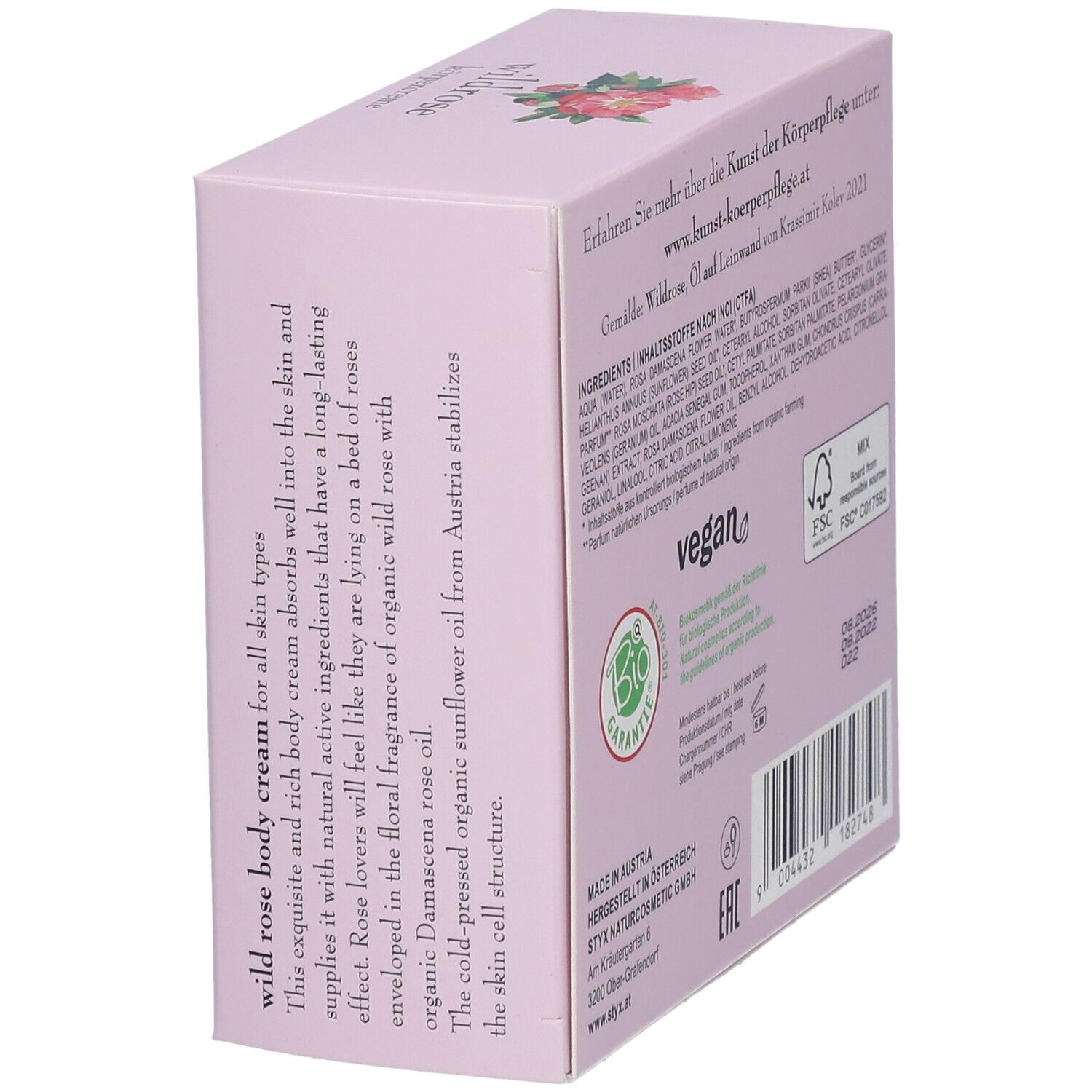 Boîte rose en biais. Texte : crème pour le corps à la rose sauvage, qualité bio, ingrédients, label FSC.