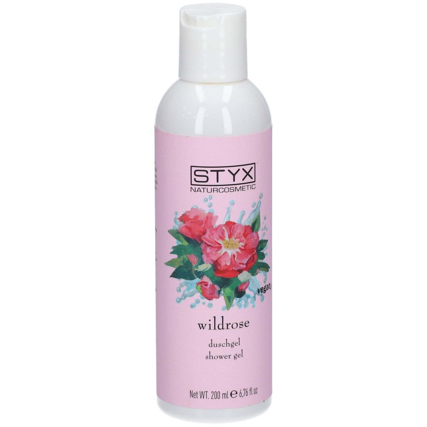Gel douche STYX Wildrose. Étiquette rose avec illustration de roses. Label végan. Bouteille avec bouchon blanc.