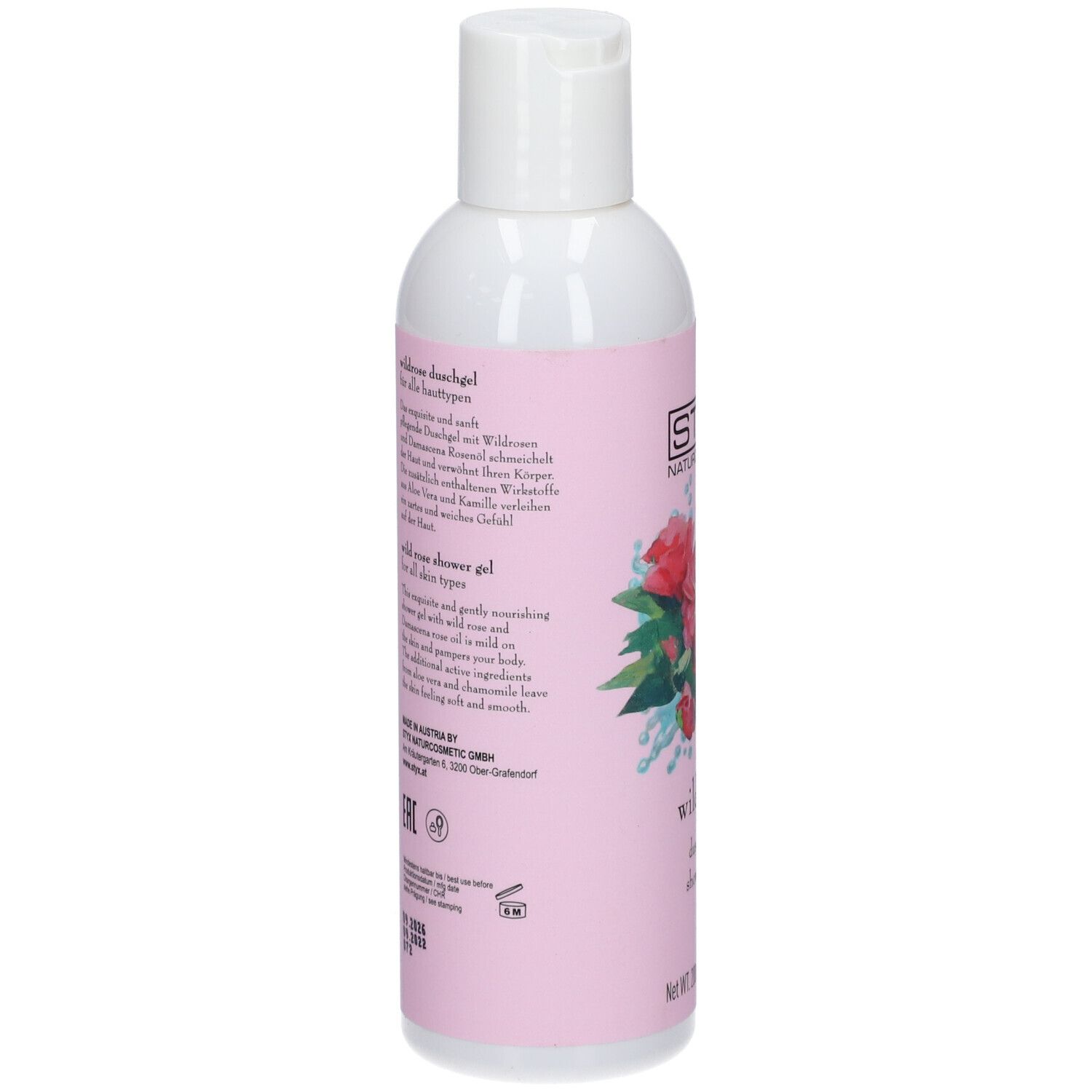 Gel douche STYX Wildrose. Dos de la bouteille. Texte en allemand et anglais. Bouteille blanche avec étiquette rose.