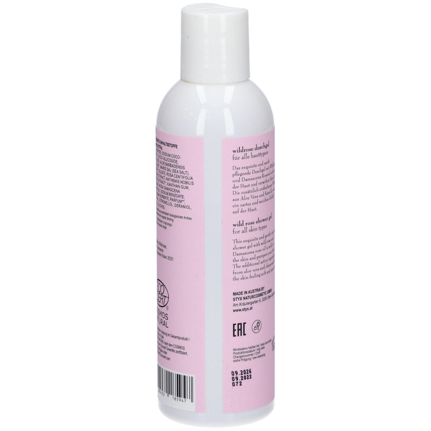 Gel douche STYX Wildrose. Dos de la bouteille. Texte en allemand et anglais. Bouteille blanche avec étiquette rose.