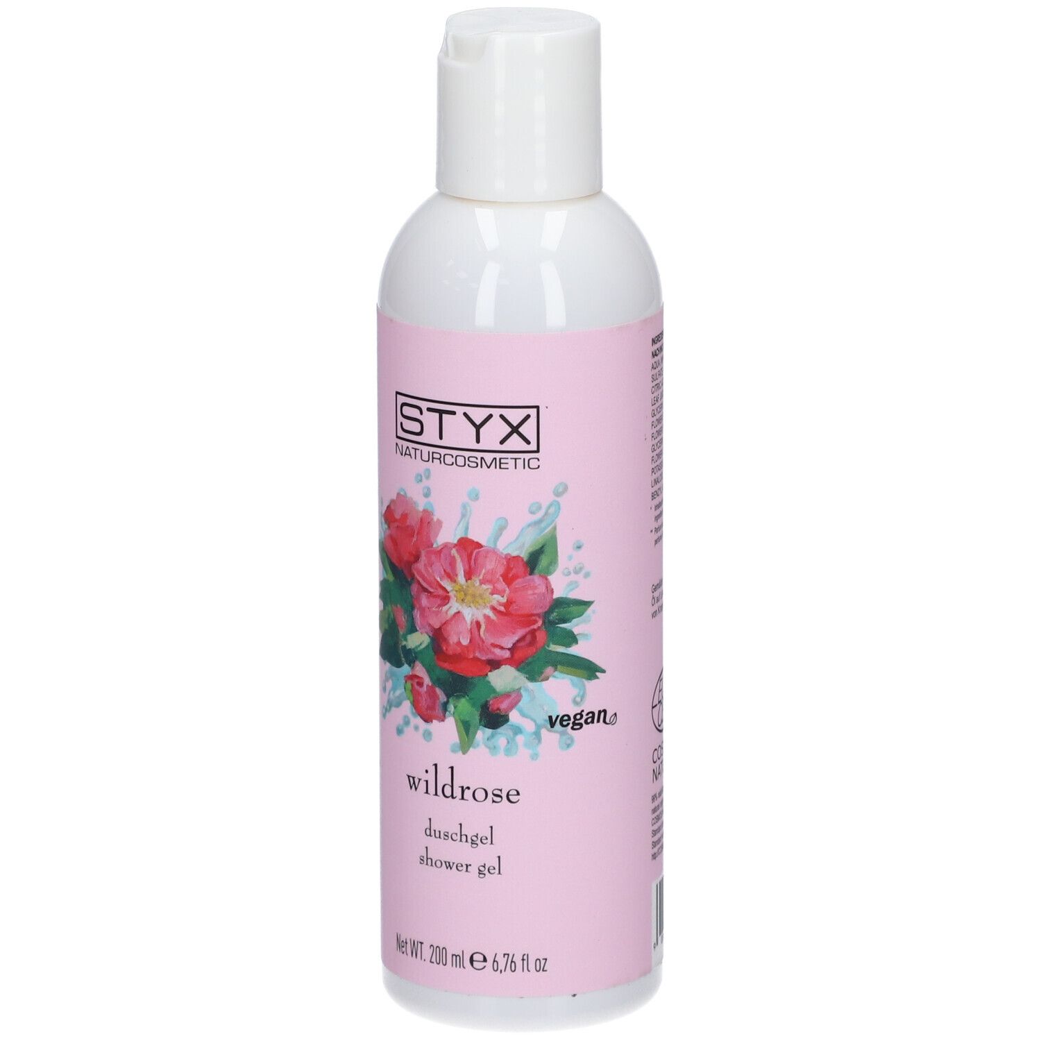 Gel douche STYX Wildrose. Étiquette rose avec illustration de roses. Label végan. Bouteille avec bouchon blanc.