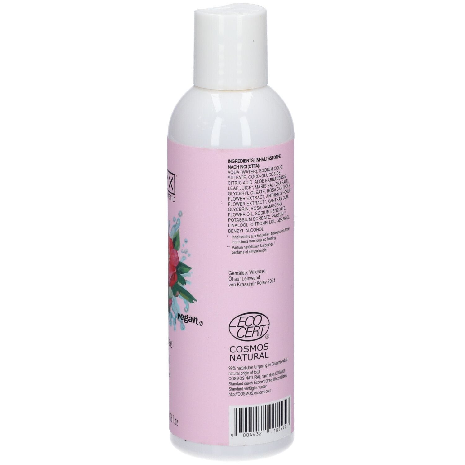 Gel douche STYX Wildrose. Dos de la bouteille. Ingrédients et certification. Bouteille blanche avec étiquette rose.
