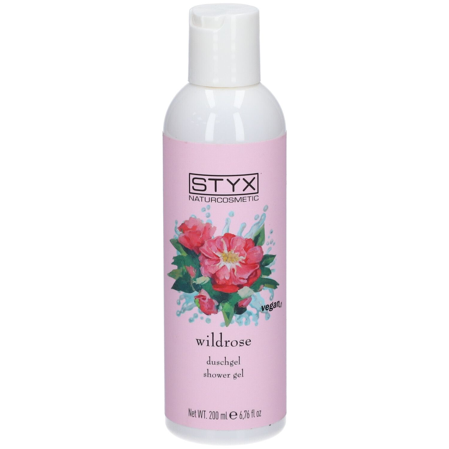 Gel douche STYX Wildrose. Étiquette rose avec illustration de roses. Label végan. Bouteille avec bouchon blanc.