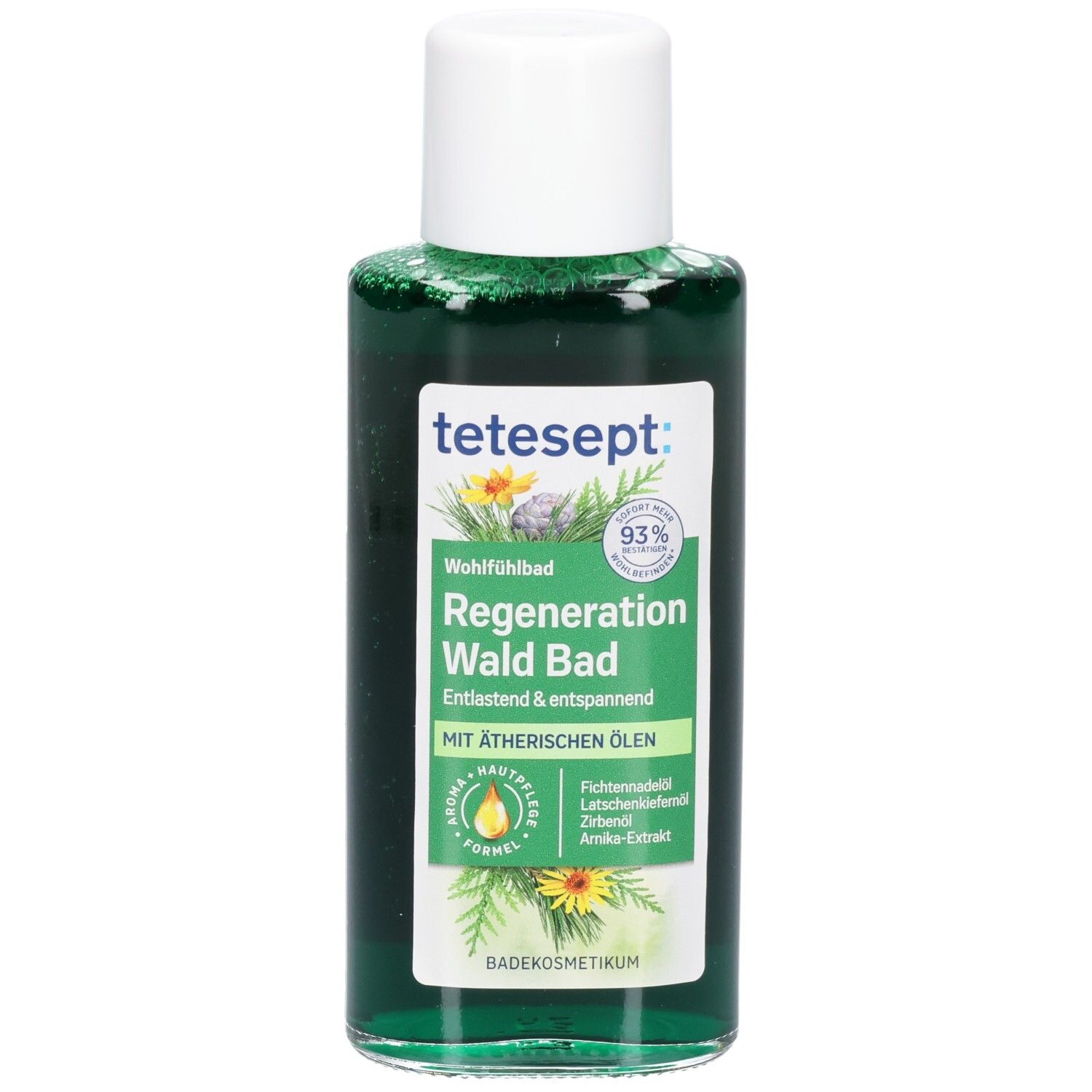 tetesept® Regeneration Wald Bad. Liquide vert dans une bouteille à bouchon blanc. Étiquette avec nom du produit et ingrédients.
