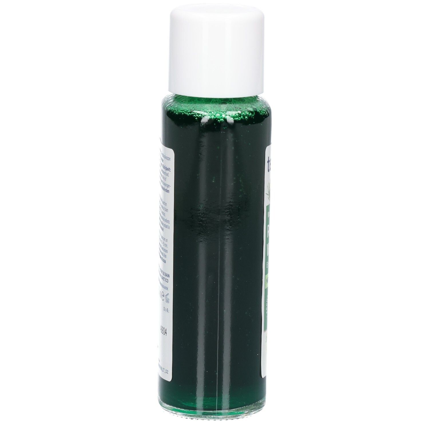 tetesept® Regeneration Wald Bad. Bouteille de liquide vert avec bouchon blanc. Vue latérale avec étiquette.