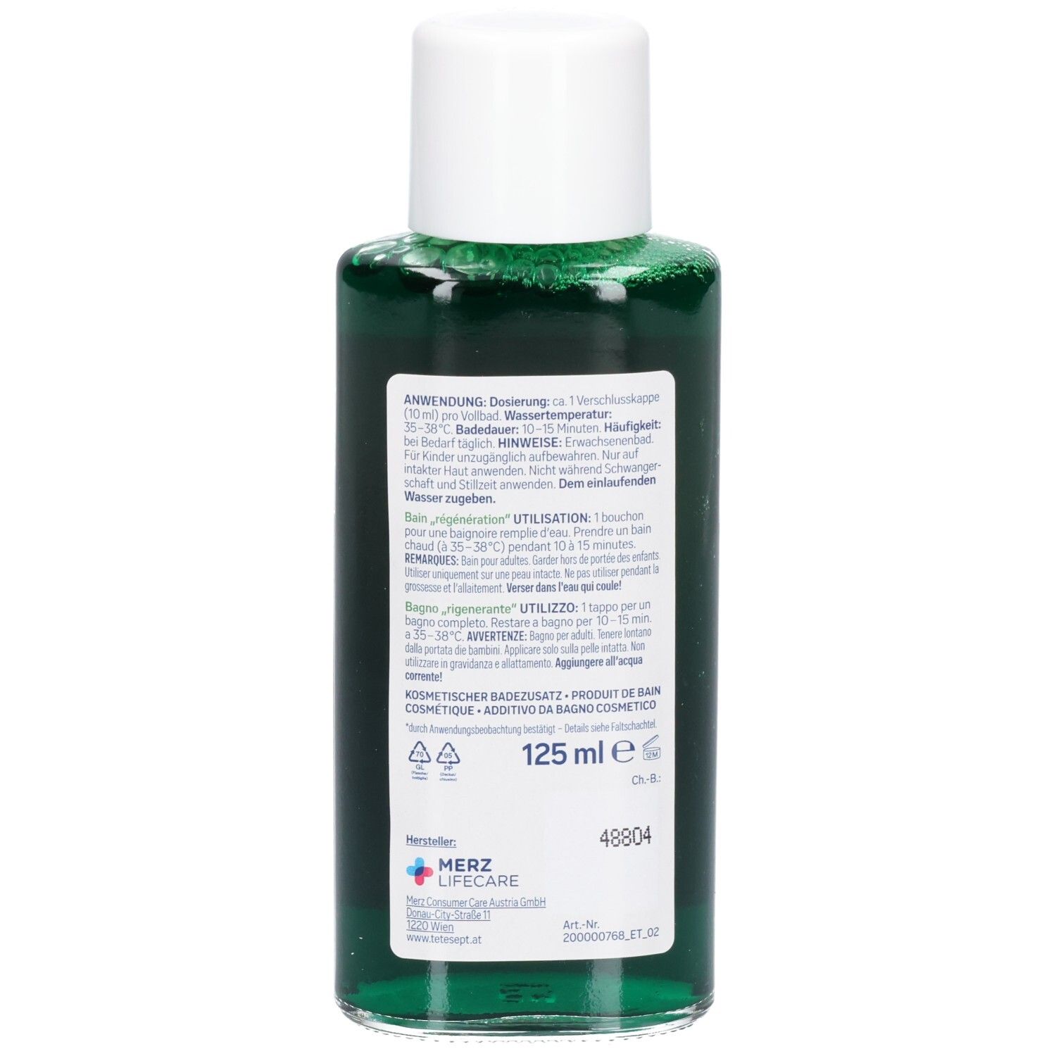 tetesept® Regeneration Wald Bad. Dos de la bouteille avec liquide vert. Texte avec instructions d'utilisation et ingrédients.