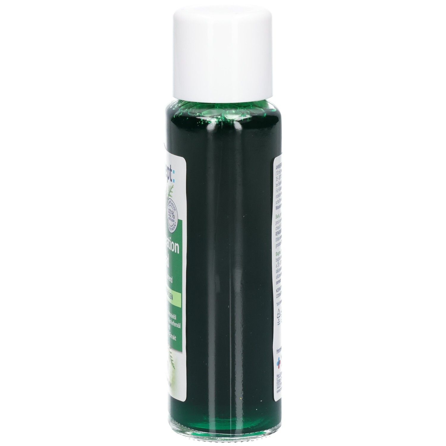 tetesept® Regeneration Wald Bad. Bouteille de liquide vert avec bouchon blanc. Vue latérale avec étiquette.
