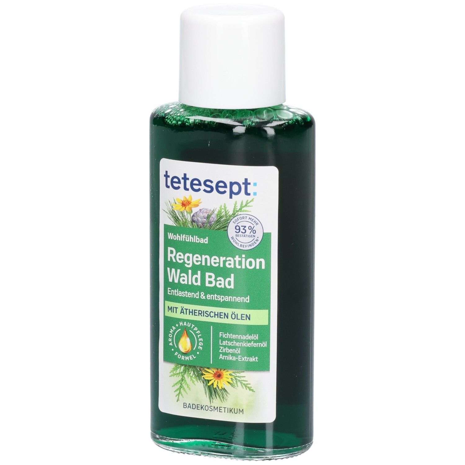 tetesept® Regeneration Wald Bad. Liquide vert dans une bouteille à bouchon blanc. Étiquette avec nom du produit et ingrédients.